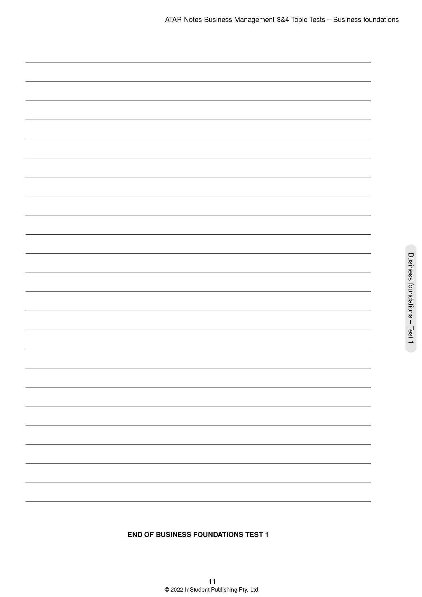 Lined Topic Test page by ATAR Notes for Business Management 3&4, showing ruled lines and "End of Test 1" on page 11.