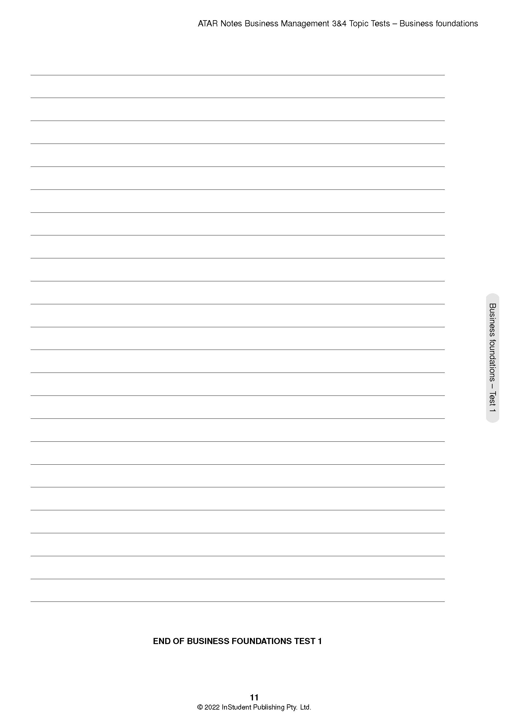 Lined Topic Test page by ATAR Notes for Business Management 3&4, showing ruled lines and "End of Test 1" on page 11.