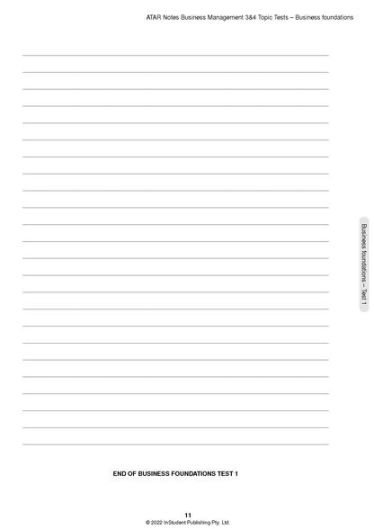 Lined Topic Test page by ATAR Notes for Business Management 3&4, showing ruled lines and "End of Test 1" on page 11.