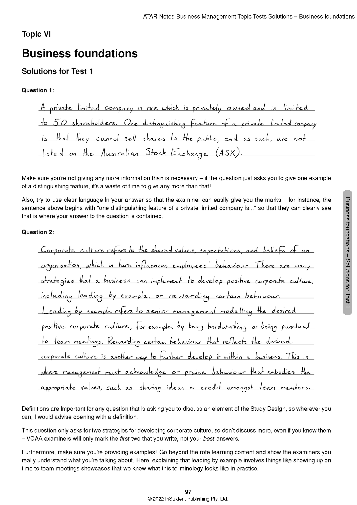 White page from a topic test by ATAR Notes, featuring handwritten solutions and typed questions for VCE Business Management, page 97.
