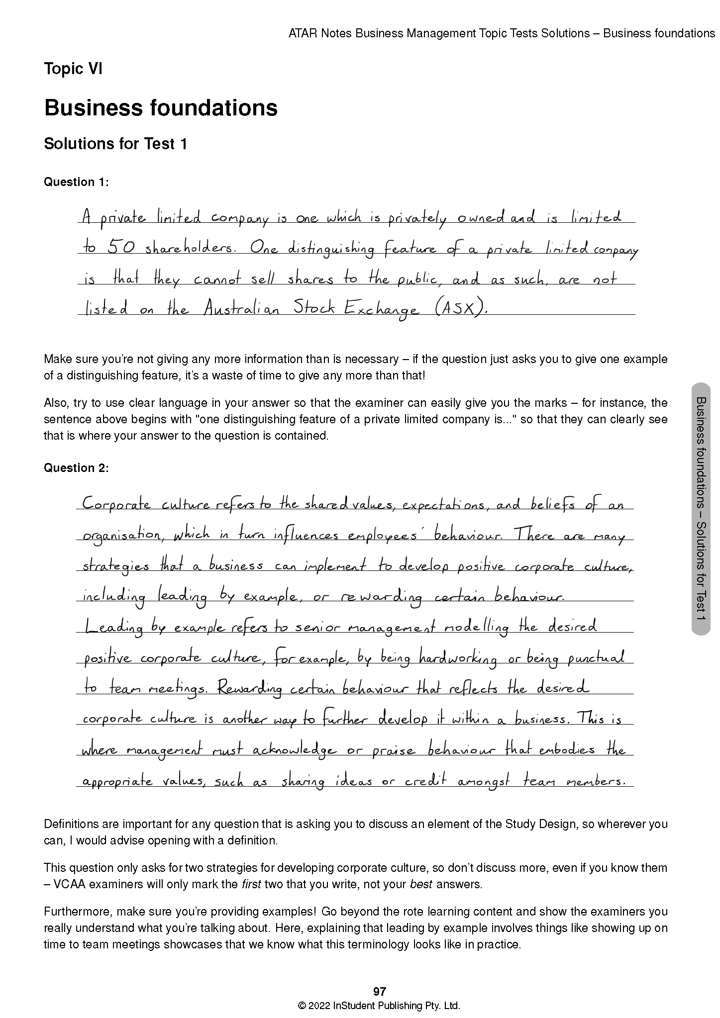 White page from a topic test by ATAR Notes, featuring handwritten solutions and typed questions for VCE Business Management, page 97.