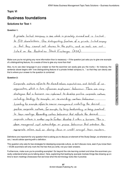 White page from a topic test by ATAR Notes, featuring handwritten solutions and typed questions for VCE Business Management, page 97.