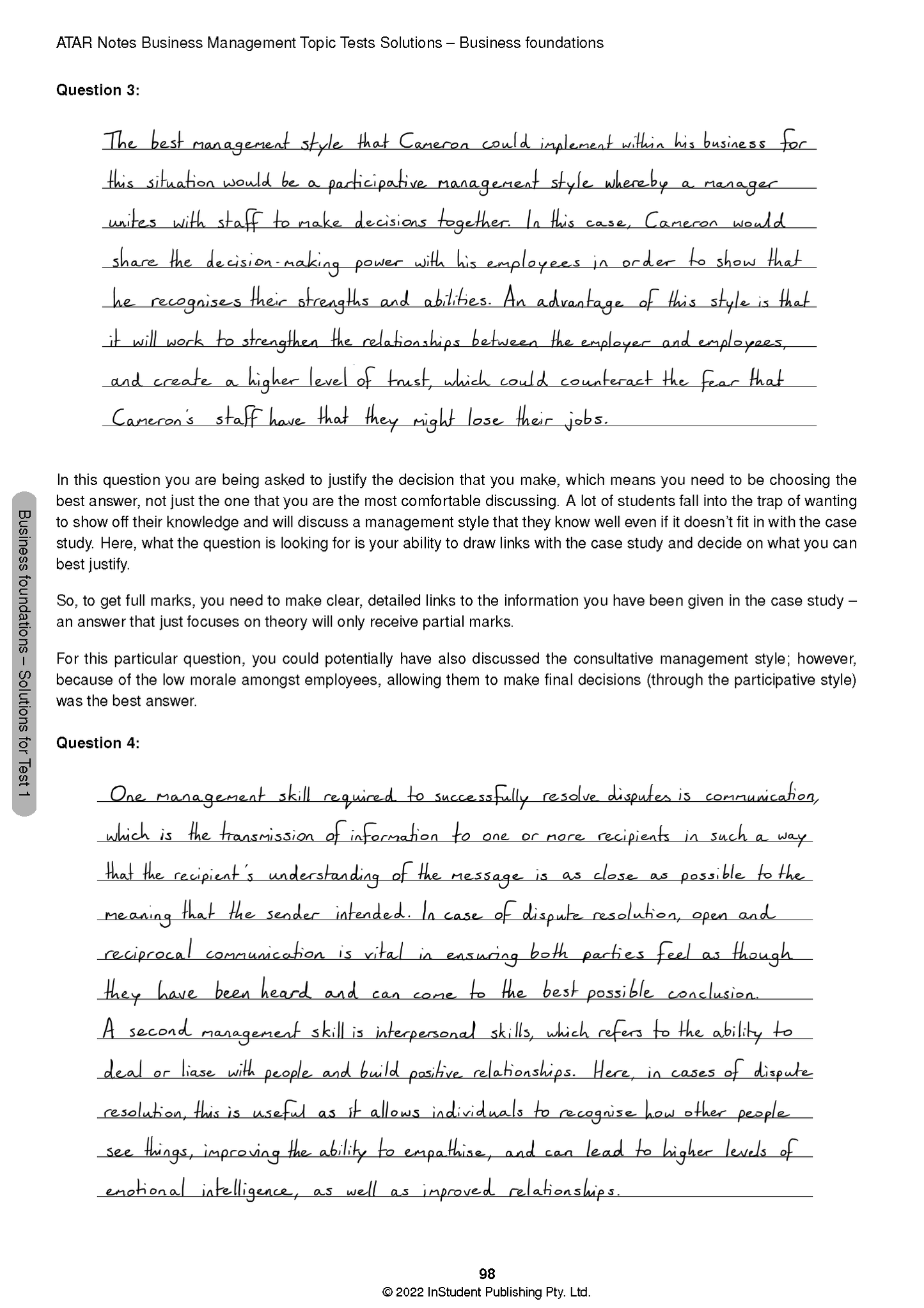 Topic Tests by ATAR Notes, showing handwritten and printed solutions for Business Management questions on a white page.