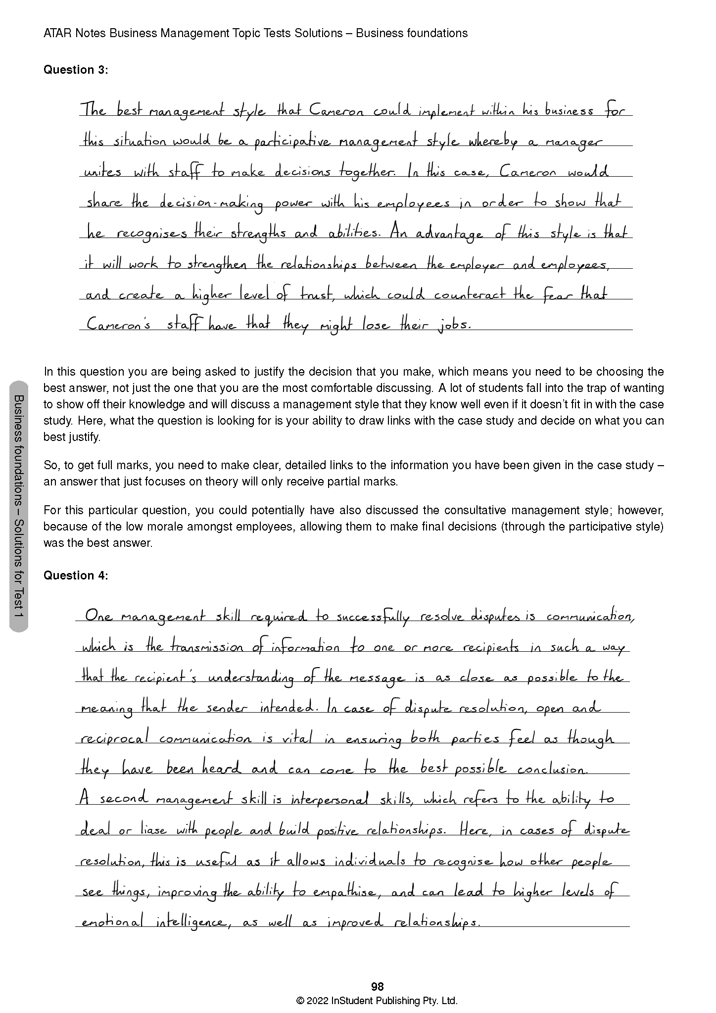 Topic Tests by ATAR Notes, showing handwritten and printed solutions for Business Management questions on a white page.