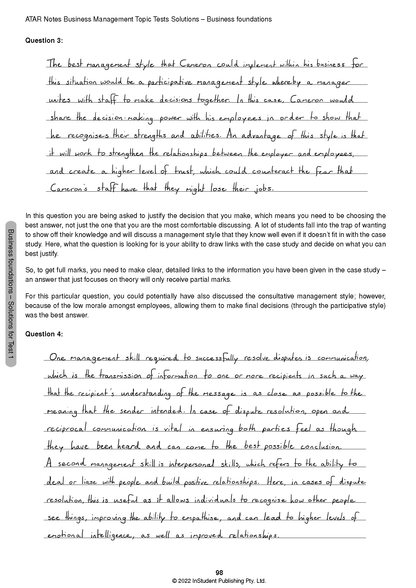 Topic Tests by ATAR Notes, showing handwritten and printed solutions for Business Management questions on a white page.