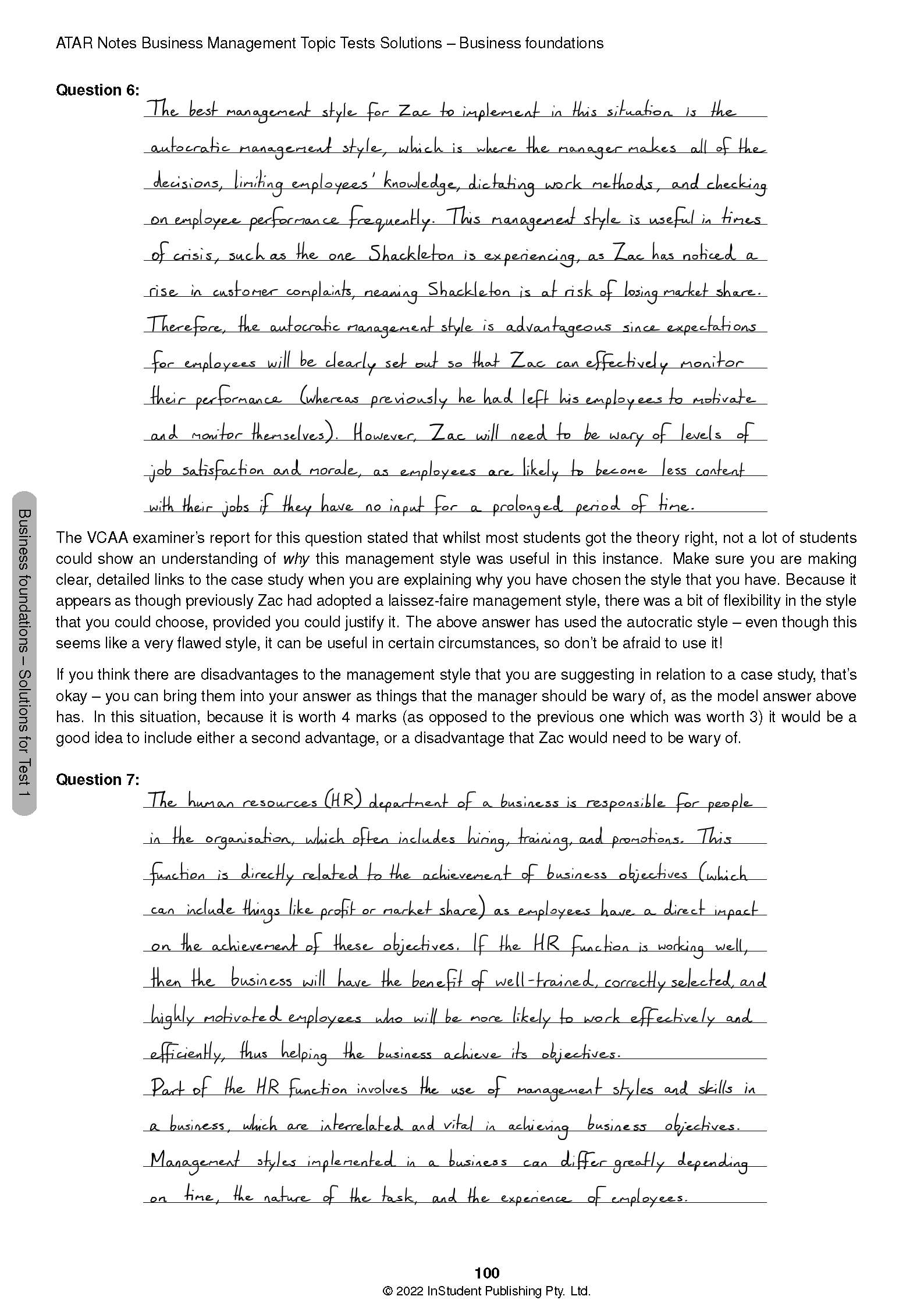 Business Management Topic Tests solution page from ATAR Notes displaying handwritten answers for Question 6 and 7, along with an examiner's report.