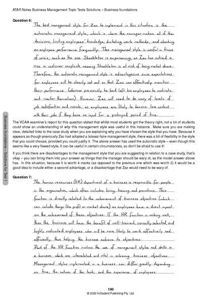 Business Management Topic Tests solution page from ATAR Notes displaying handwritten answers for Question 6 and 7, along with an examiner's report.