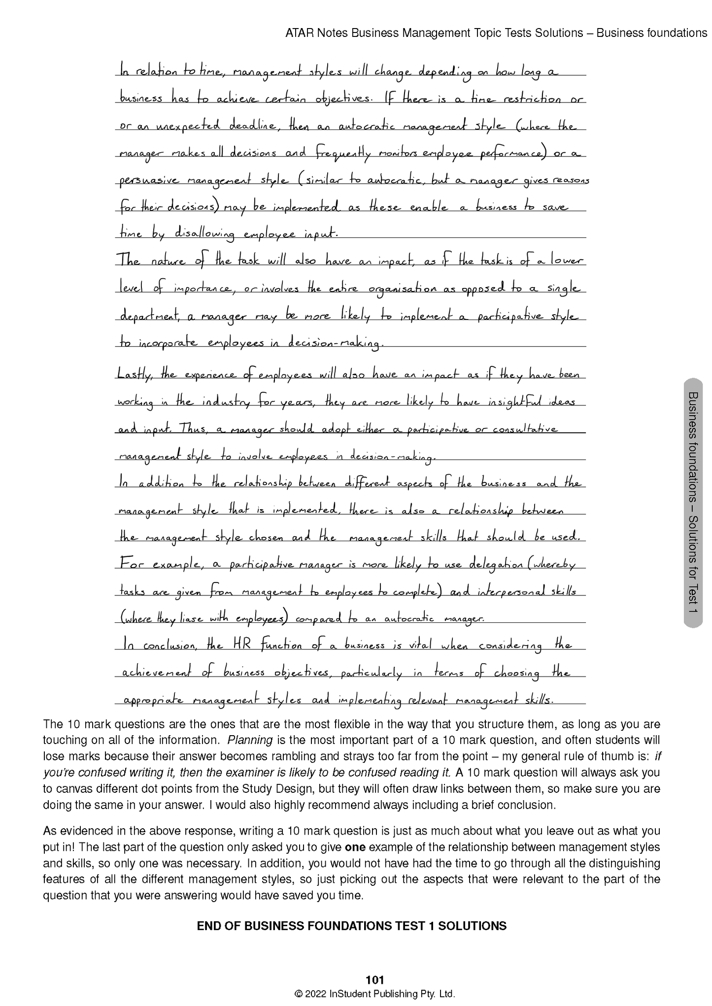 Topic Tests solutions page by ATAR Notes, featuring handwritten notes and copyright information.