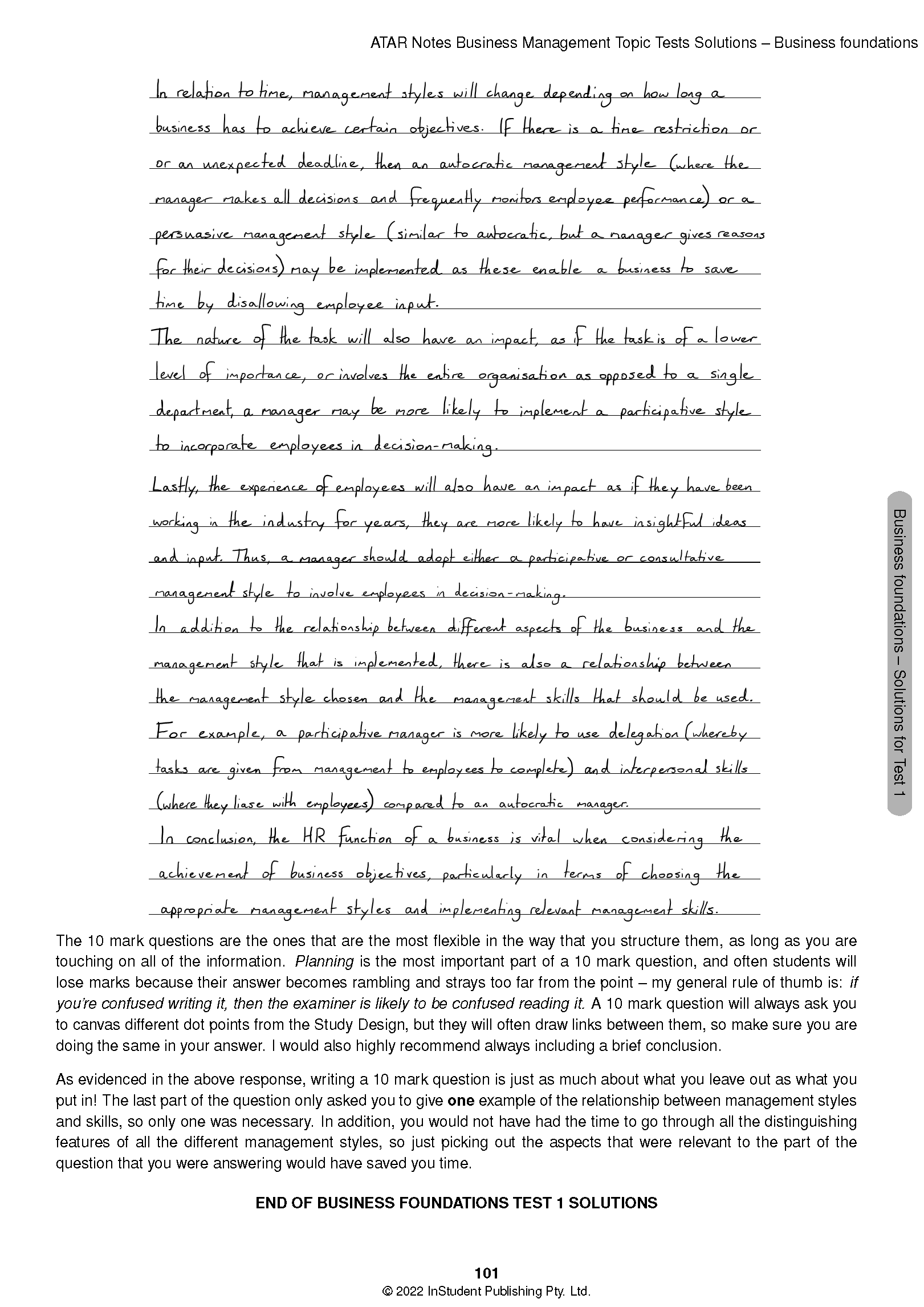 Topic Tests solutions page by ATAR Notes, featuring handwritten notes and copyright information.