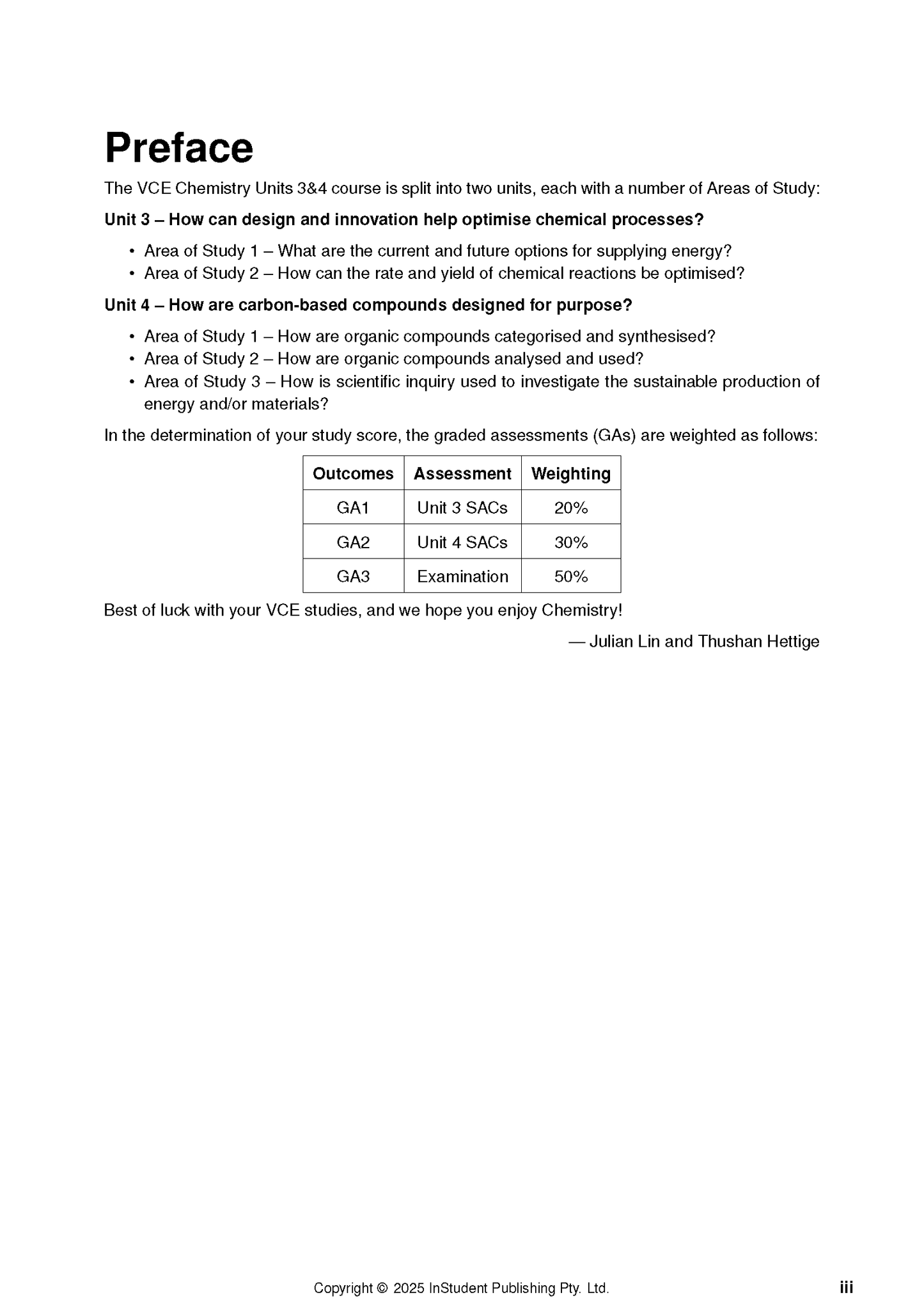 VCE Chemistry 3&4 Complete Course Notes (2025-2027) by ATAR Notes, displaying the white preface page with unit outlines and assessment table.