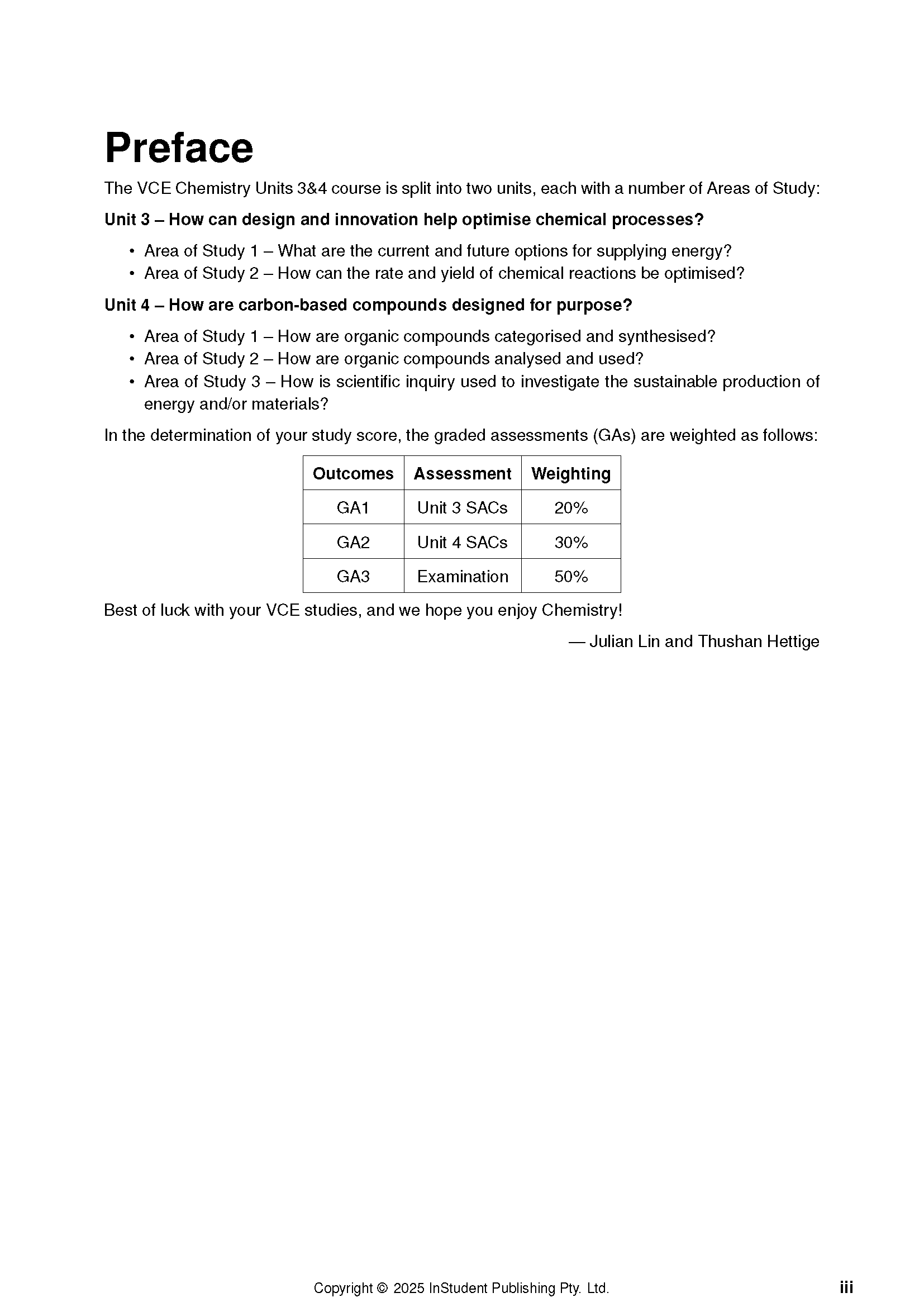 VCE Chemistry 3&4 Complete Course Notes (2025-2027) by ATAR Notes, displaying the white preface page with unit outlines and assessment table.