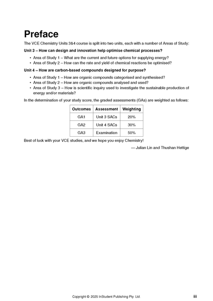 VCE Chemistry 3&4 Complete Course Notes (2025-2027) by ATAR Notes, displaying the white preface page with unit outlines and assessment table.