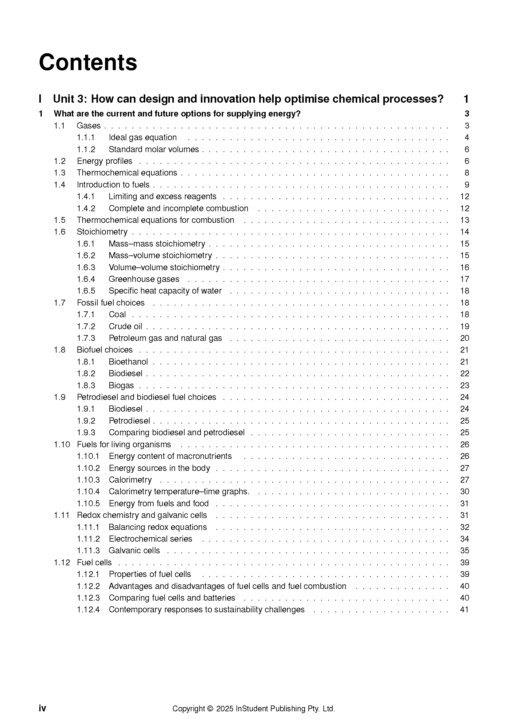 Table of contents page from Chemistry course notes by ATAR Notes, listing topics like 'Gases', 'Biofuel choices', and 'Fuel cells'.