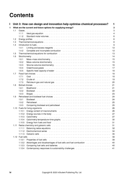 Table of contents page from Chemistry course notes by ATAR Notes, listing topics like 'Gases', 'Biofuel choices', and 'Fuel cells'.