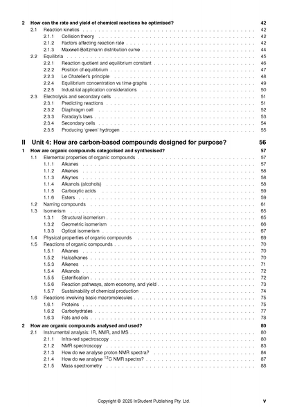 VCE Chemistry 3&4 Complete Course Notes for 2025-2027 by ATAR Notes, showing a table of contents page in black text on white.