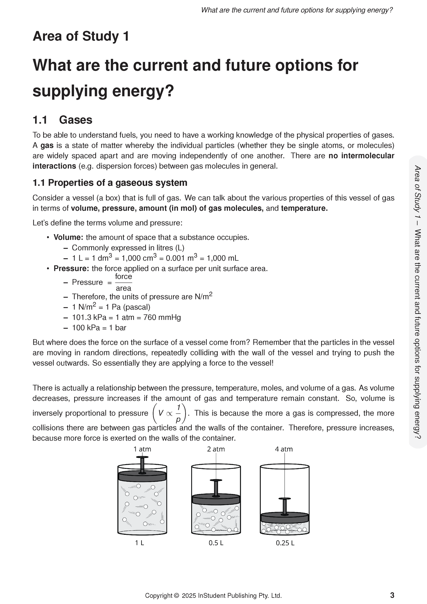VCE Chemistry 3&4 Course Notes by ATAR Notes, displaying a page about gas properties with text and diagrams of gas in three containers.