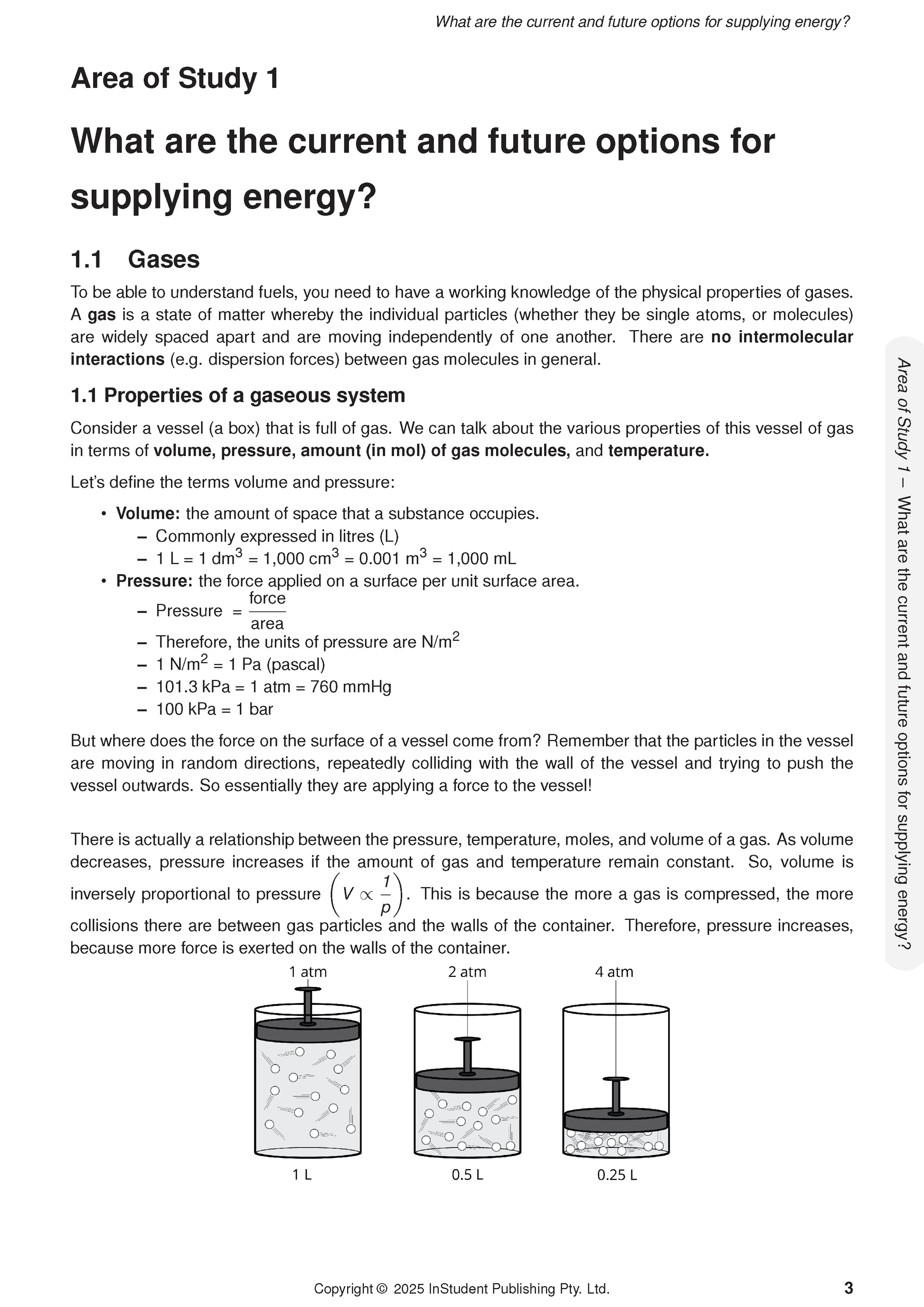 VCE Chemistry 3&4 Course Notes by ATAR Notes, displaying a page about gas properties with text and diagrams of gas in three containers.