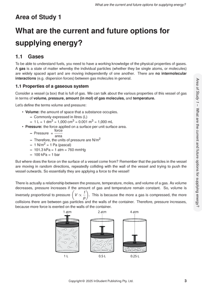 VCE Chemistry 3&4 Course Notes by ATAR Notes, displaying a page about gas properties with text and diagrams of gas in three containers.