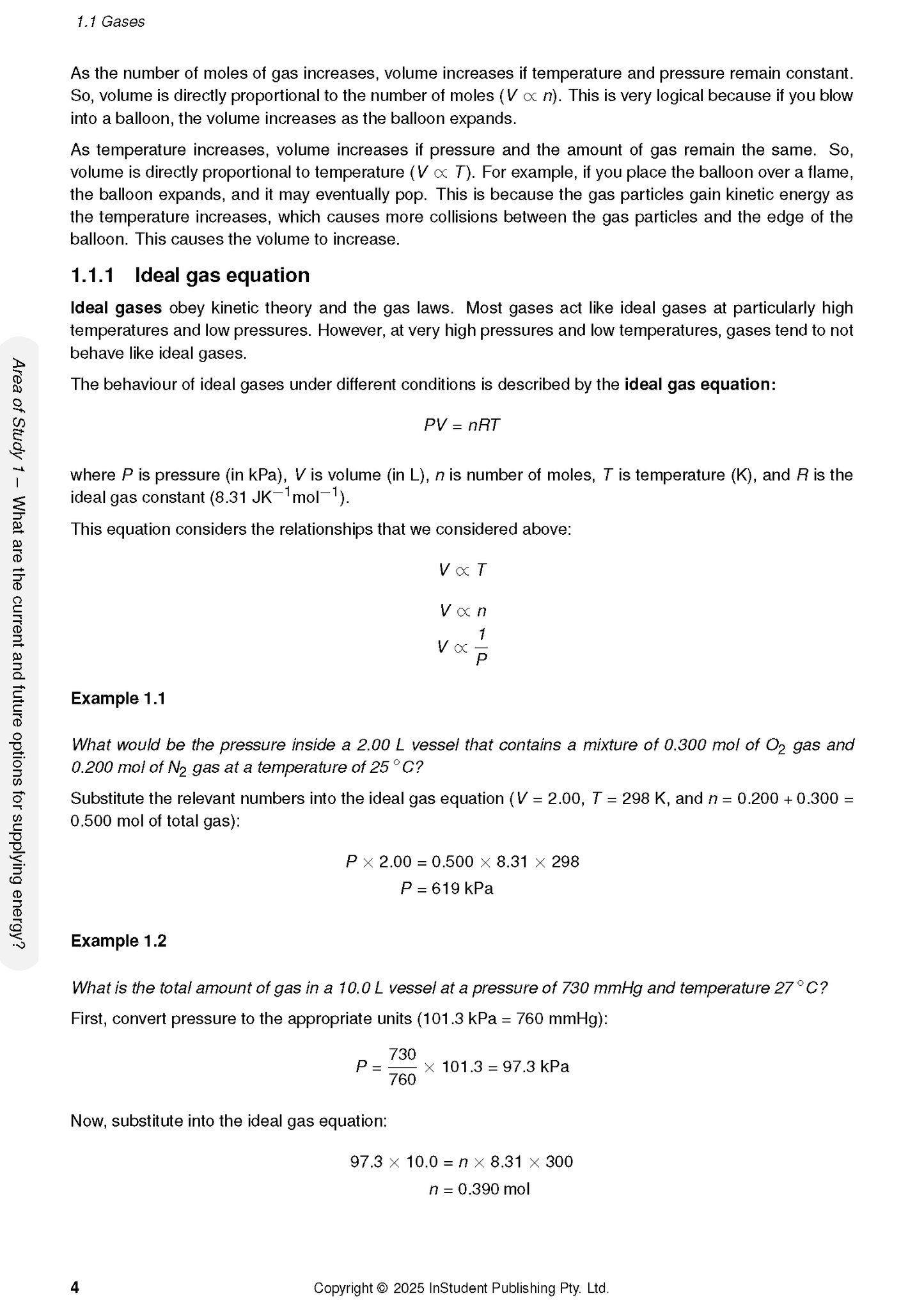 VCE Chemistry 3&4 Course Notes by ATAR Notes, showing a page on ideal gas equations with text and formulas.