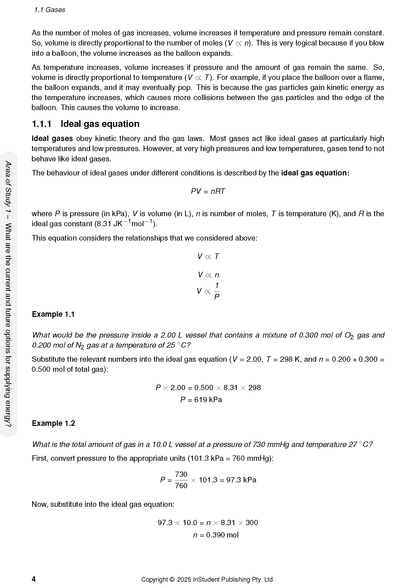 VCE Chemistry 3&4 Course Notes by ATAR Notes, showing a page on ideal gas equations with text and formulas.