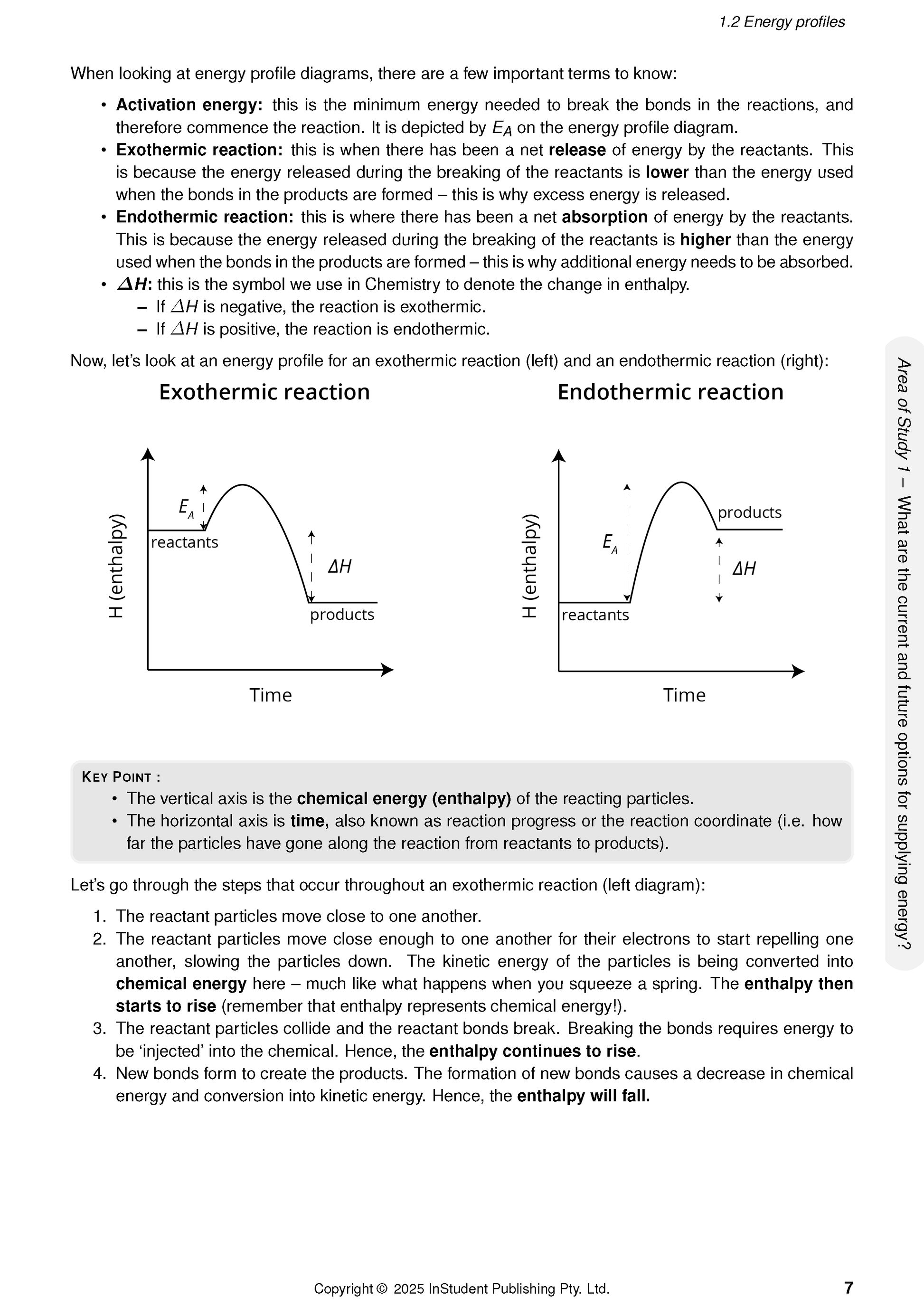 Chemistry course notes by ATAR Notes, displaying energy profile diagrams, definitions, and explanation of exothermic reactions.