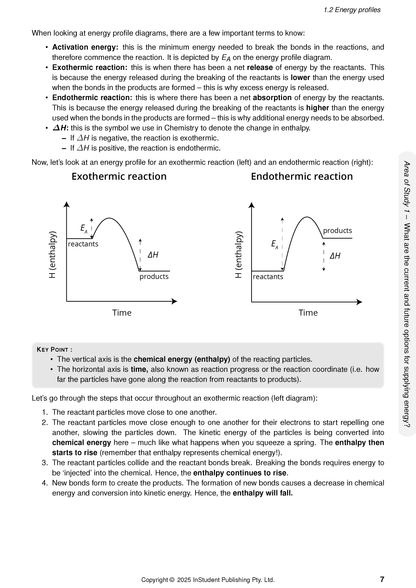 Chemistry course notes by ATAR Notes, displaying energy profile diagrams, definitions, and explanation of exothermic reactions.