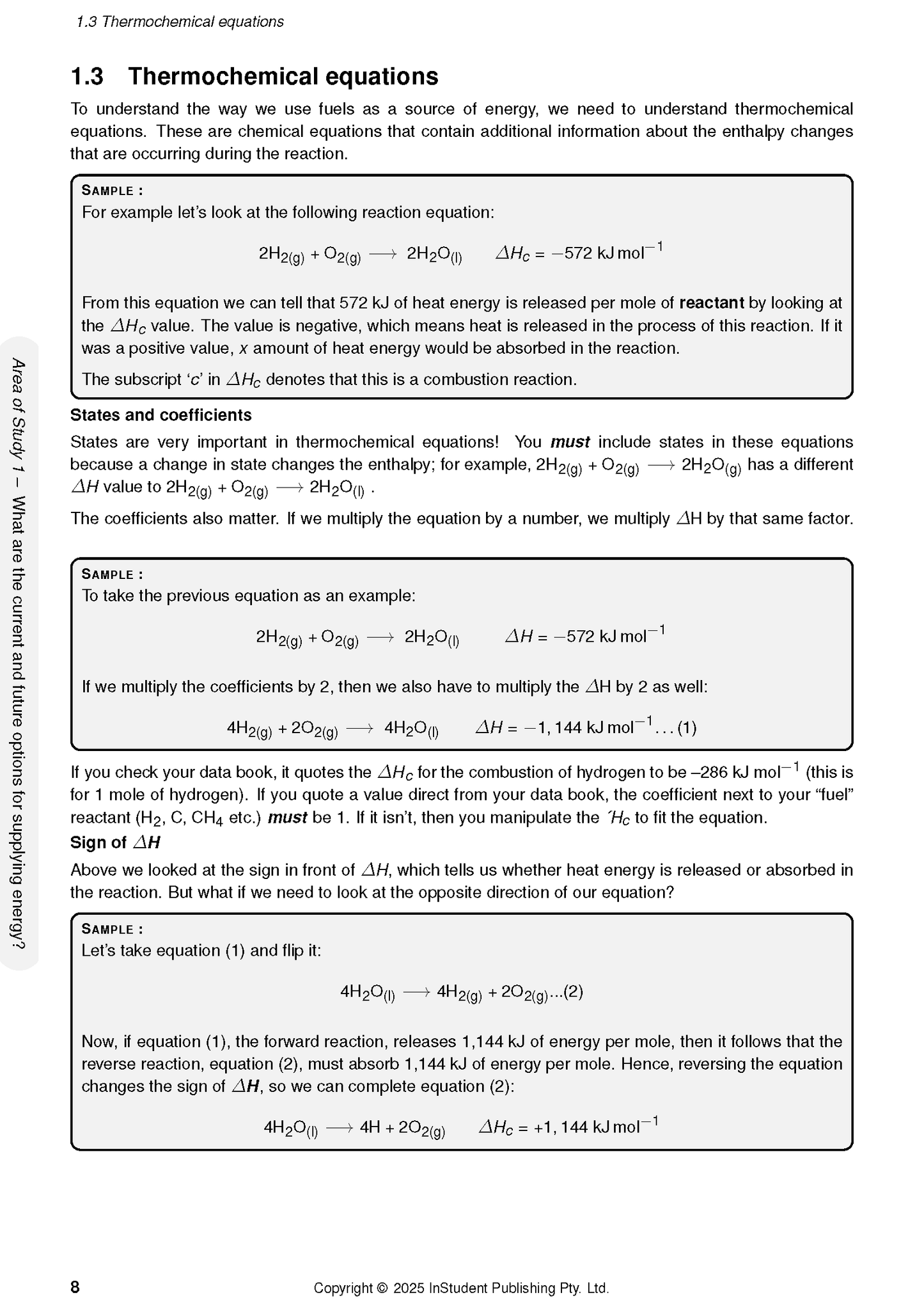 Course Notes from ATAR Notes showing a page on thermochemical equations with chemical formulas and sample calculations.