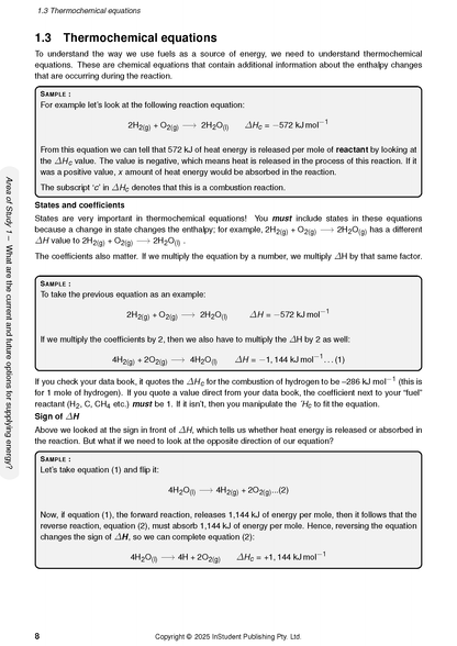 Course Notes from ATAR Notes showing a page on thermochemical equations with chemical formulas and sample calculations.