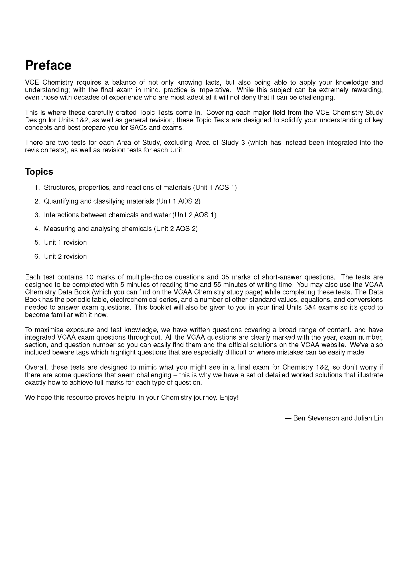 VCE Chemistry 1&2 Topic Tests by ATAR Notes, showing the Preface and Topics sections on a printed white page.