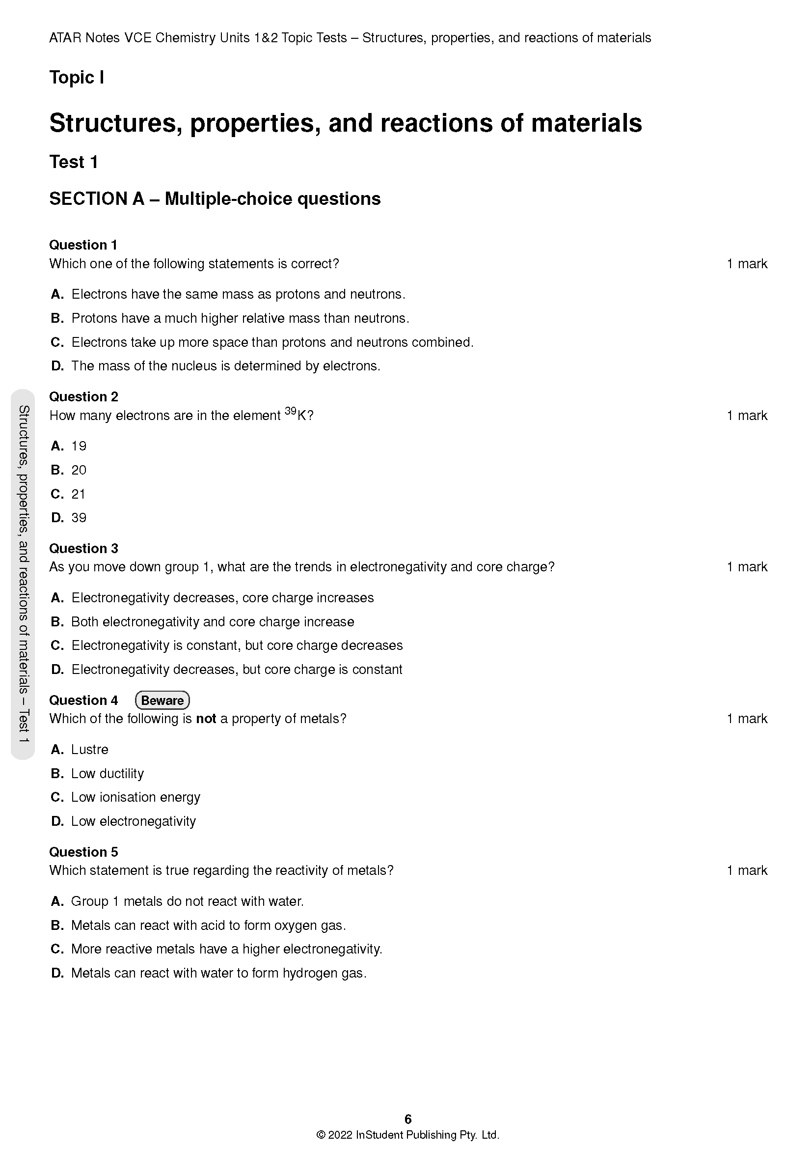 Chemistry Topic Tests, a white page by ATAR Notes, displaying multiple-choice questions on structures, properties, and reactions of materials.