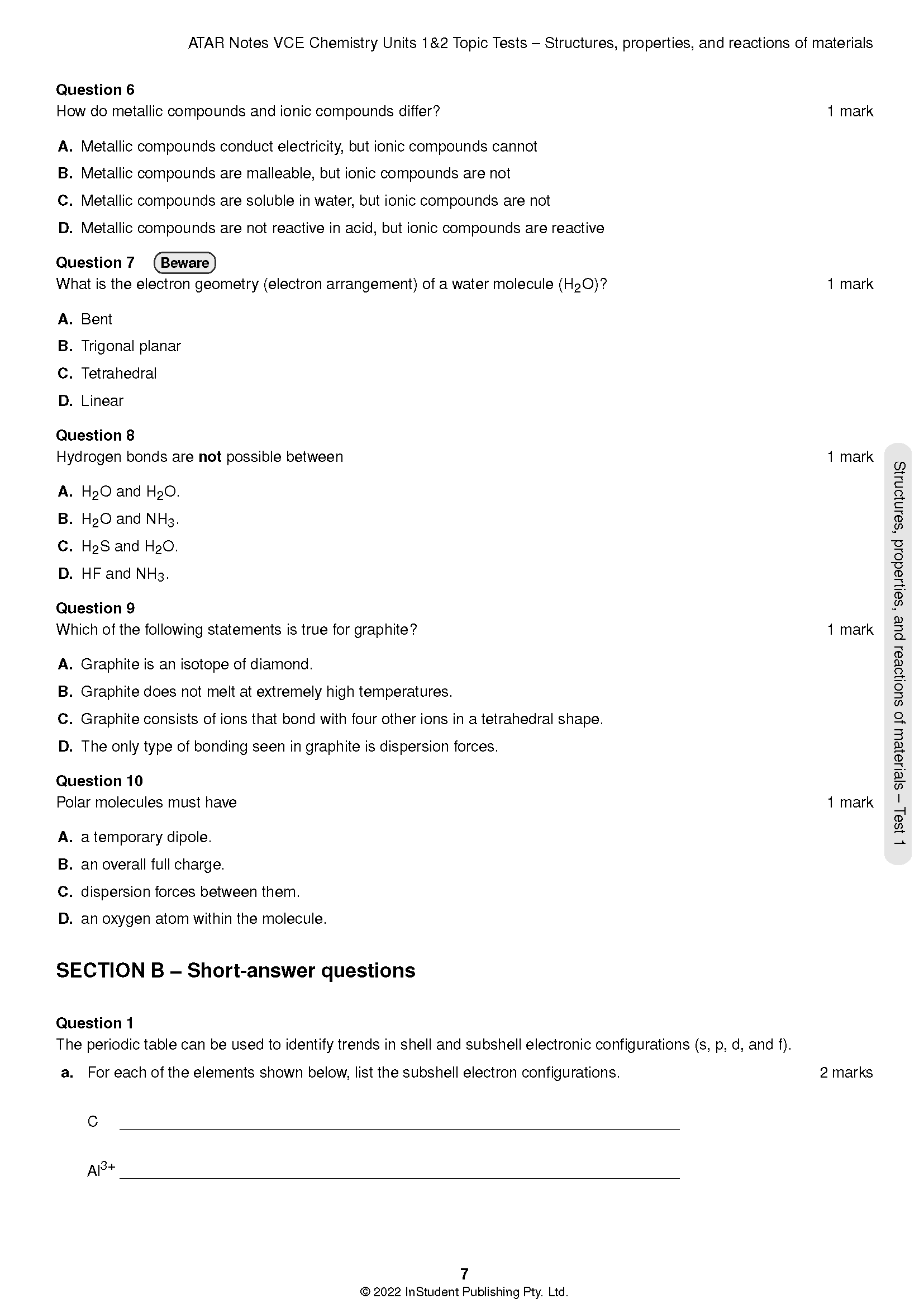 VCE Chemistry 1&2 Topic Tests (2024-2026) by ATAR Notes, a cropped page showing chemistry questions.