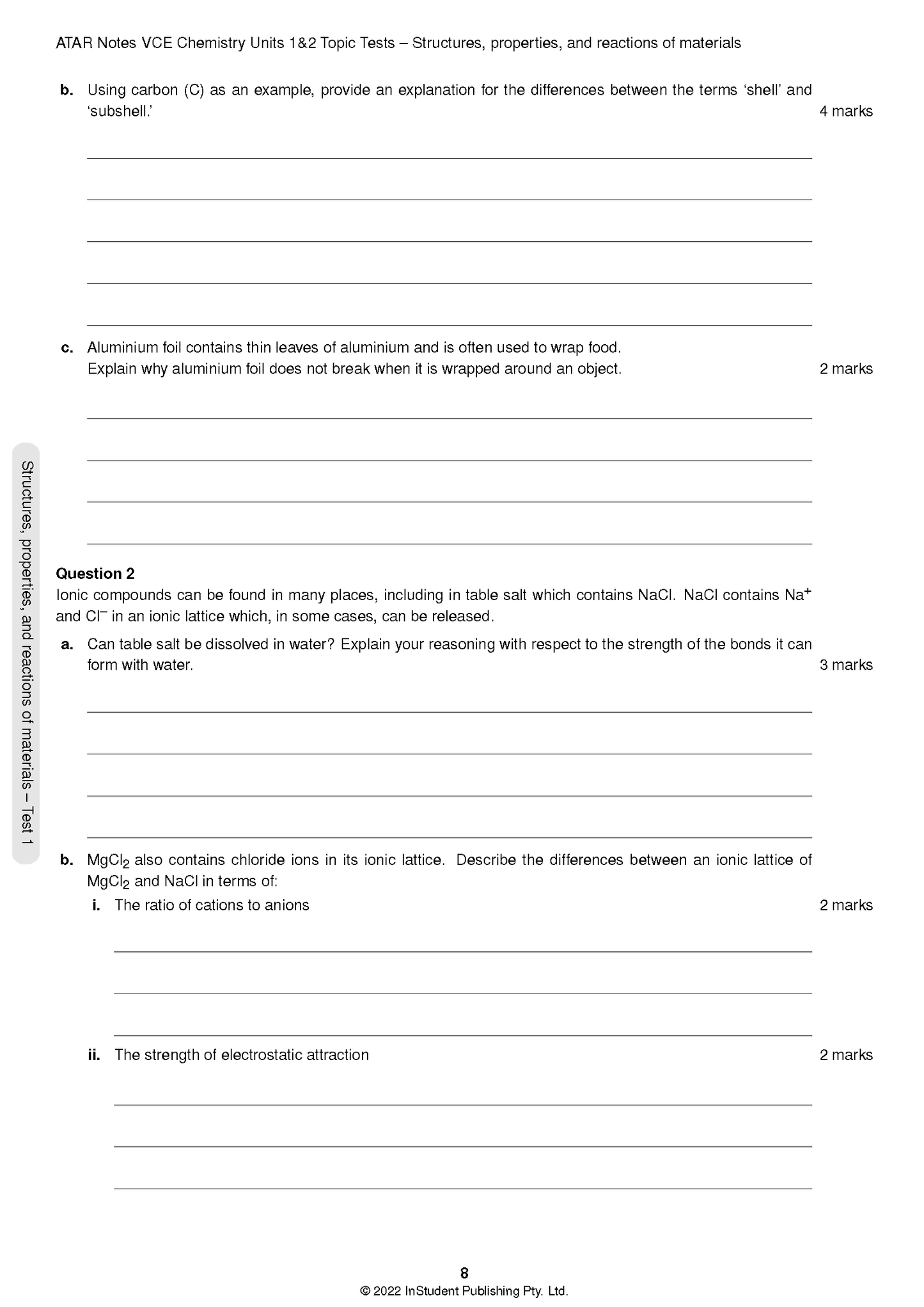 VCE Chemistry 1&2 Topic Tests by ATAR Notes, showing chemistry questions and answer lines on a white page.