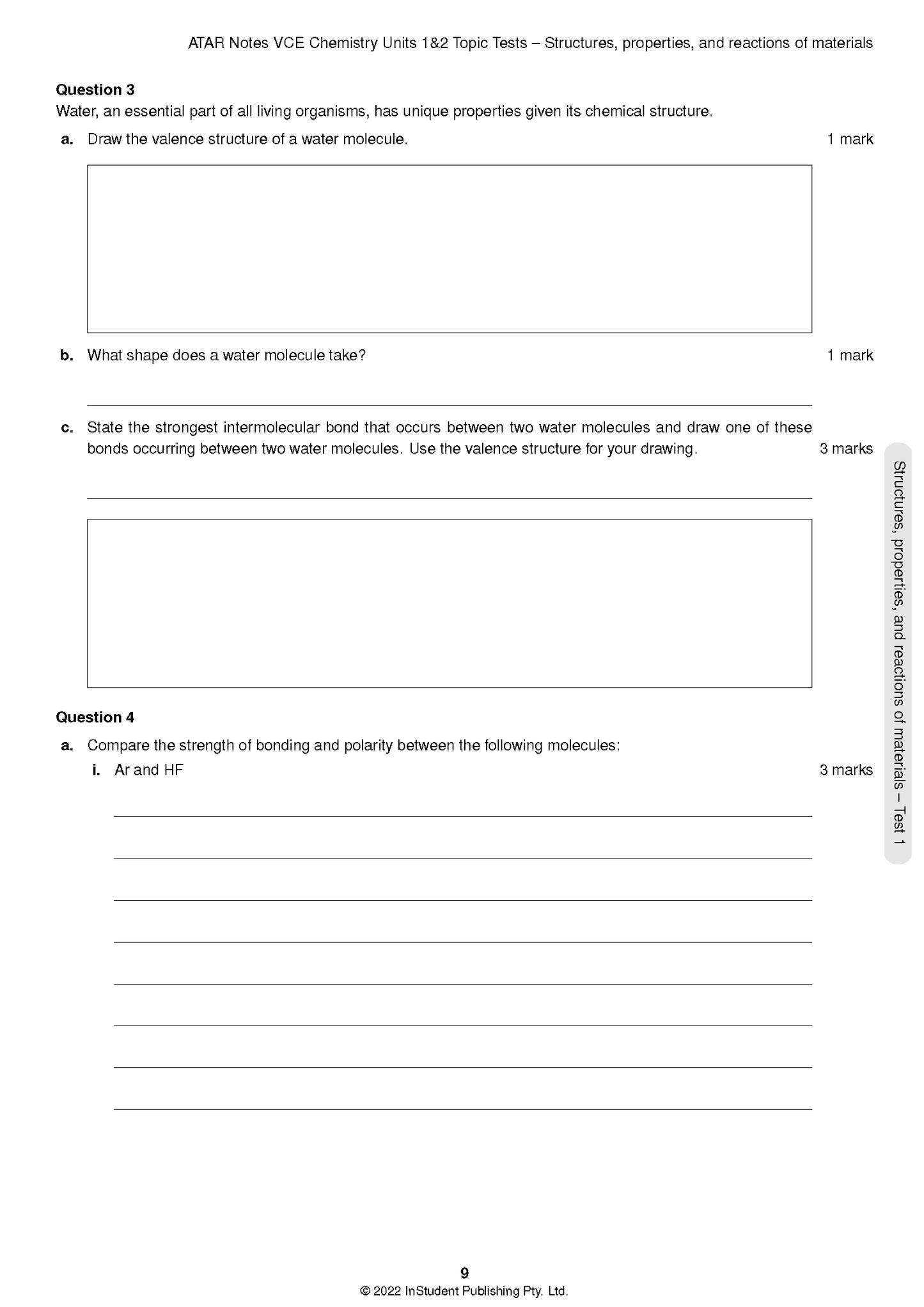 VCE Chemistry 1&2 Topic Test booklet by ATAR Notes, displaying a white page with black text of questions 3 and 4 on molecular structure and bonding.