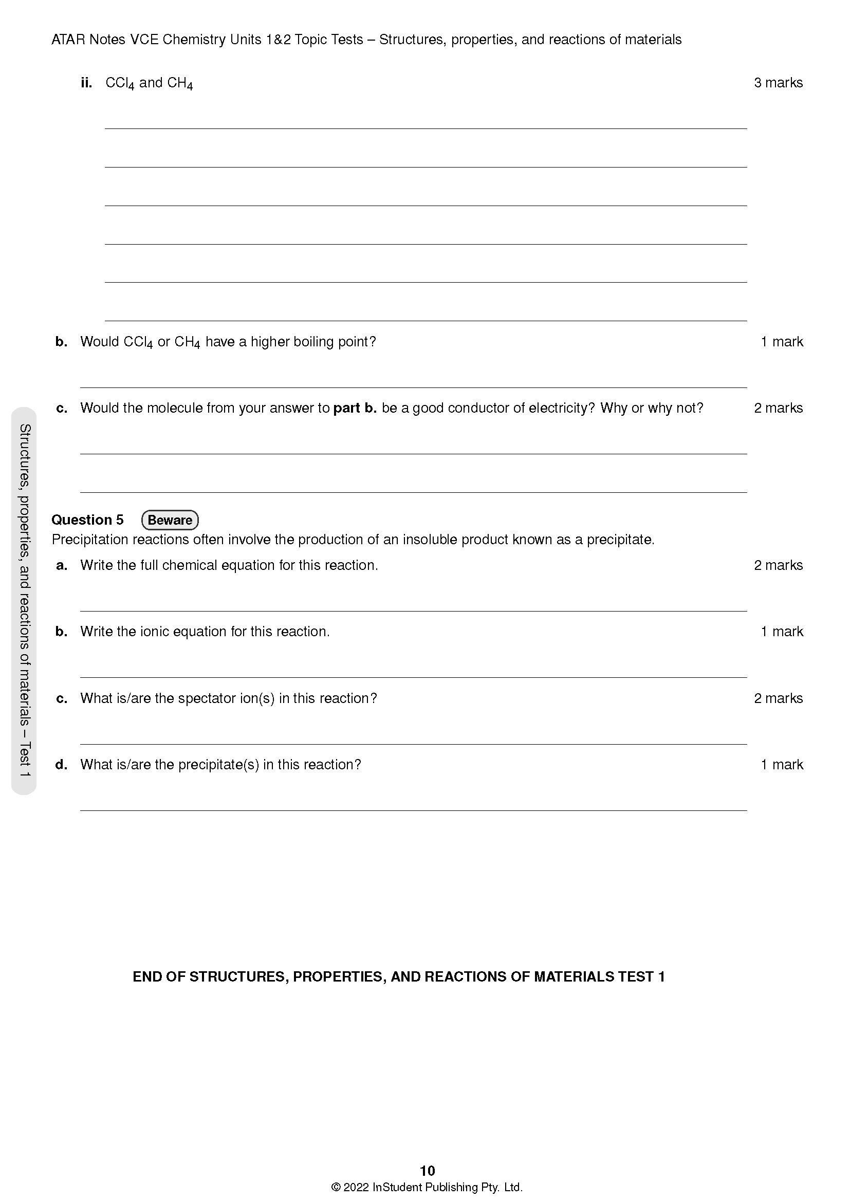VCE Chemistry 1&2 Topic Tests page by ATAR Notes, displaying questions about boiling points, conductivity, and precipitation reactions.