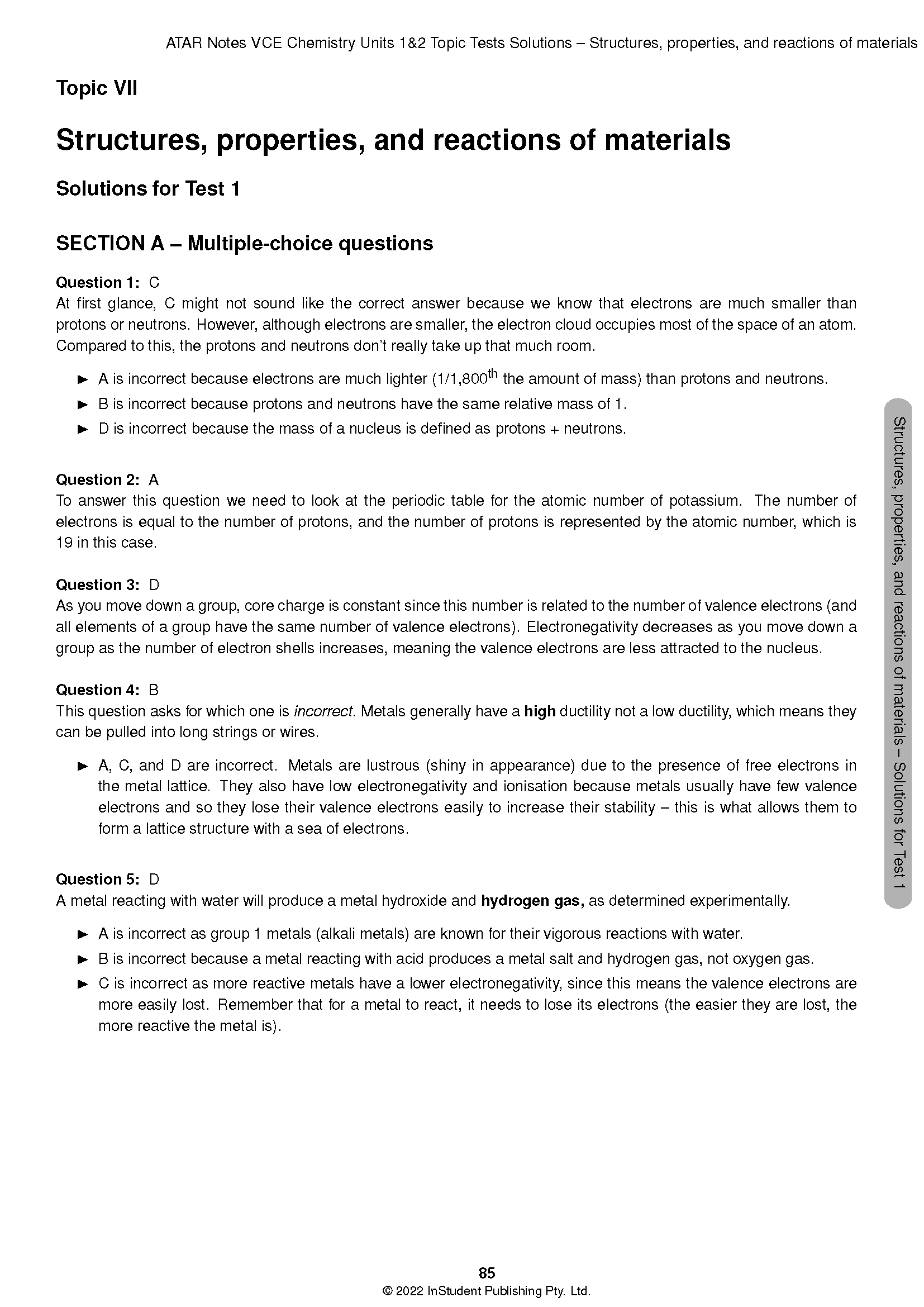 VCE Chemistry 1&2 Topic Tests Solutions by ATAR Notes, showing page 85 with questions and answers for Topic VII.