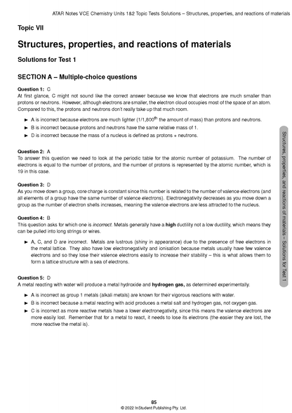 VCE Chemistry 1&2 Topic Tests Solutions by ATAR Notes, showing page 85 with questions and answers for Topic VII.