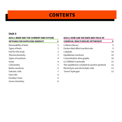 VCE Chemistry 3&4 summary sheets by ATAR Notes, displaying the Unit 3 table of contents with an orange header and green and pink section outlines.