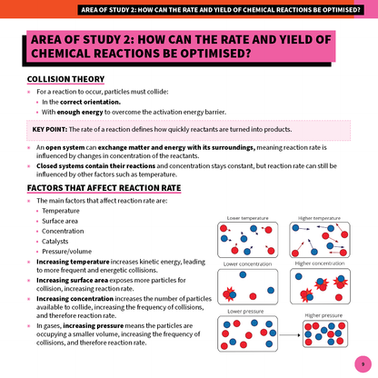 VCE Chemistry 3&4 Summary Sheets (2025-2027) by ATAR Notes, showing a chemistry page on reaction rates with diagrams of particle collisions.