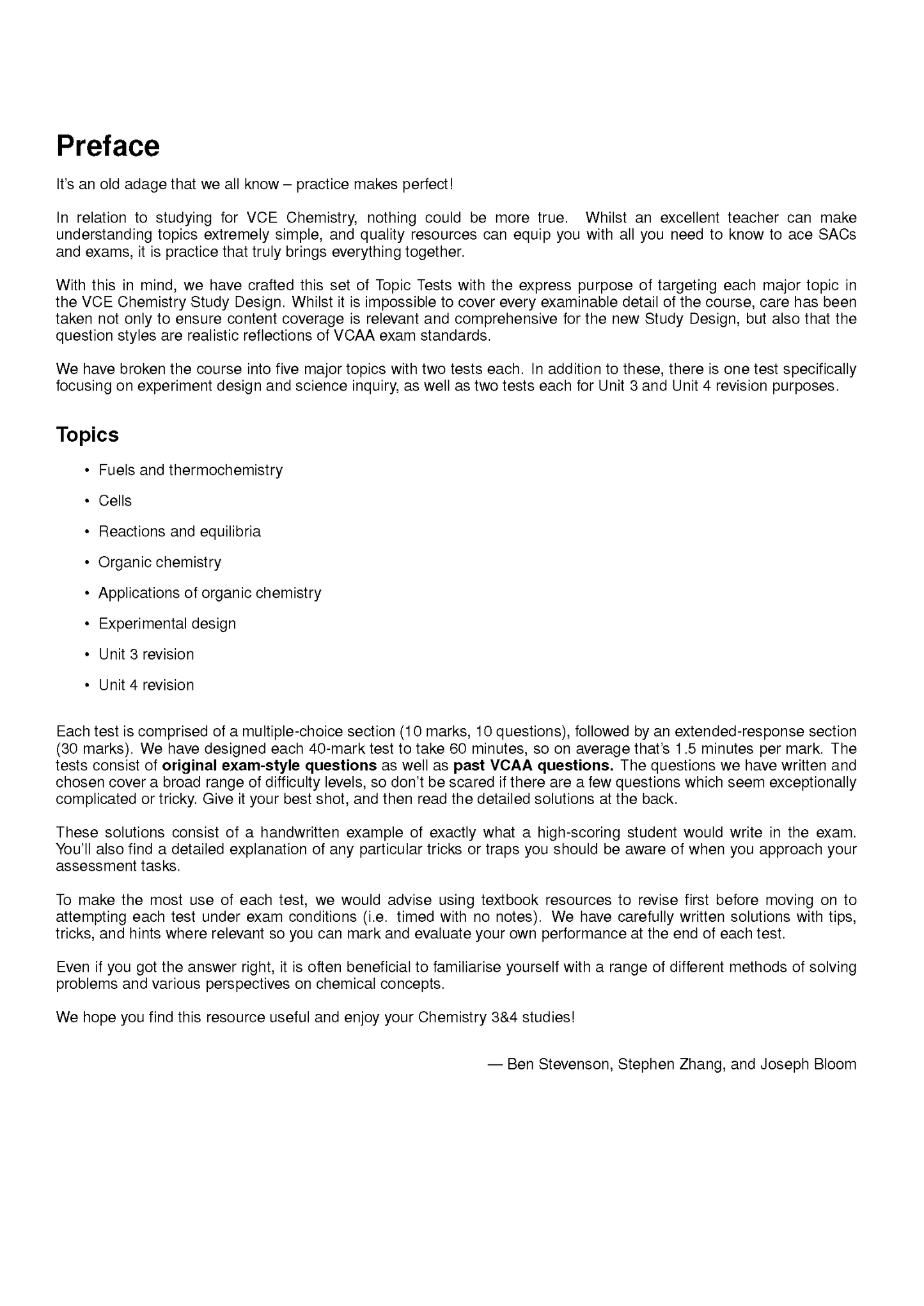 VCE Chemistry 3&4 Topic Tests document by ATAR Notes, full-page view showing Preface and Topics sections.