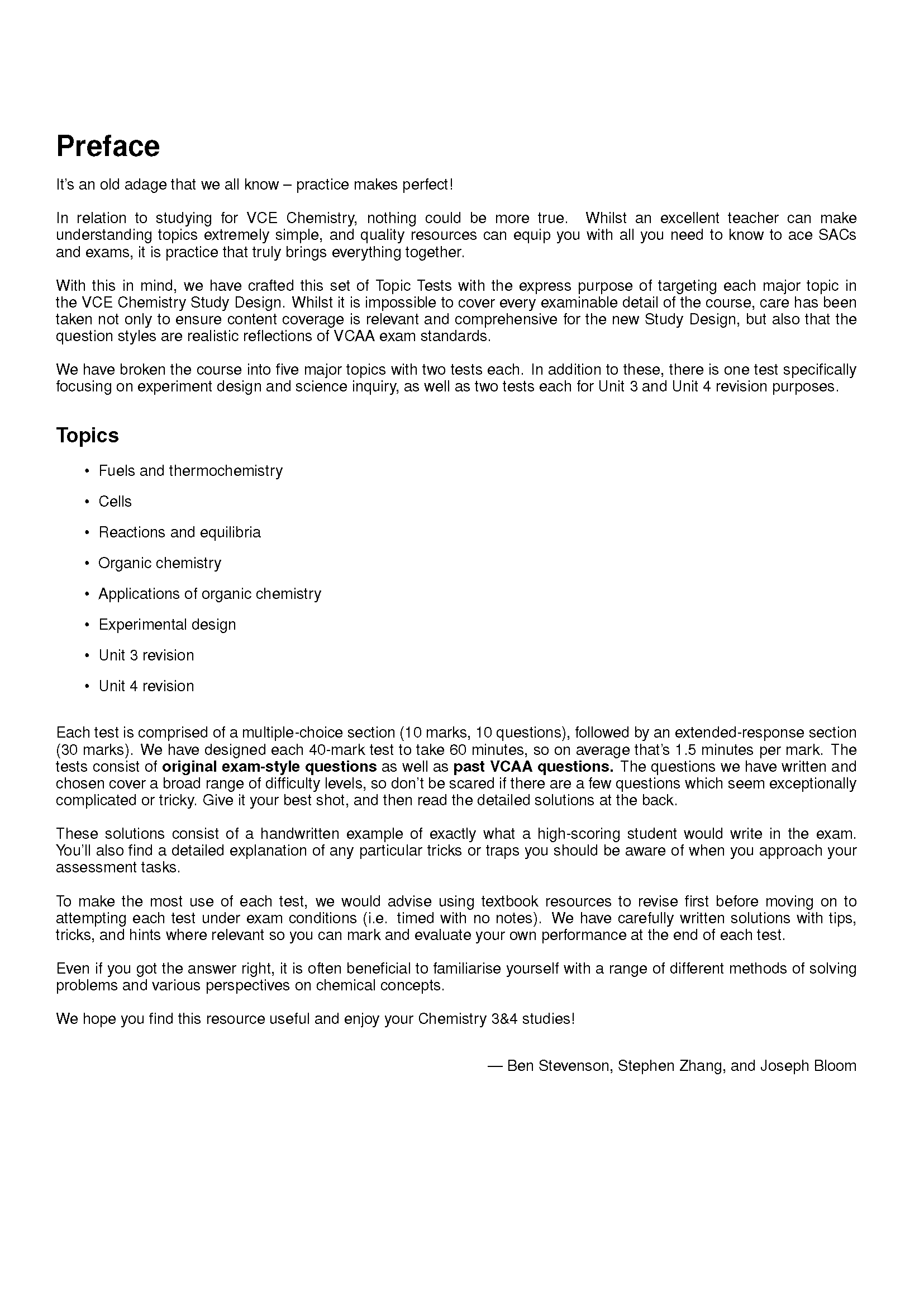 VCE Chemistry 3&4 Topic Tests document by ATAR Notes, full-page view showing Preface and Topics sections.
