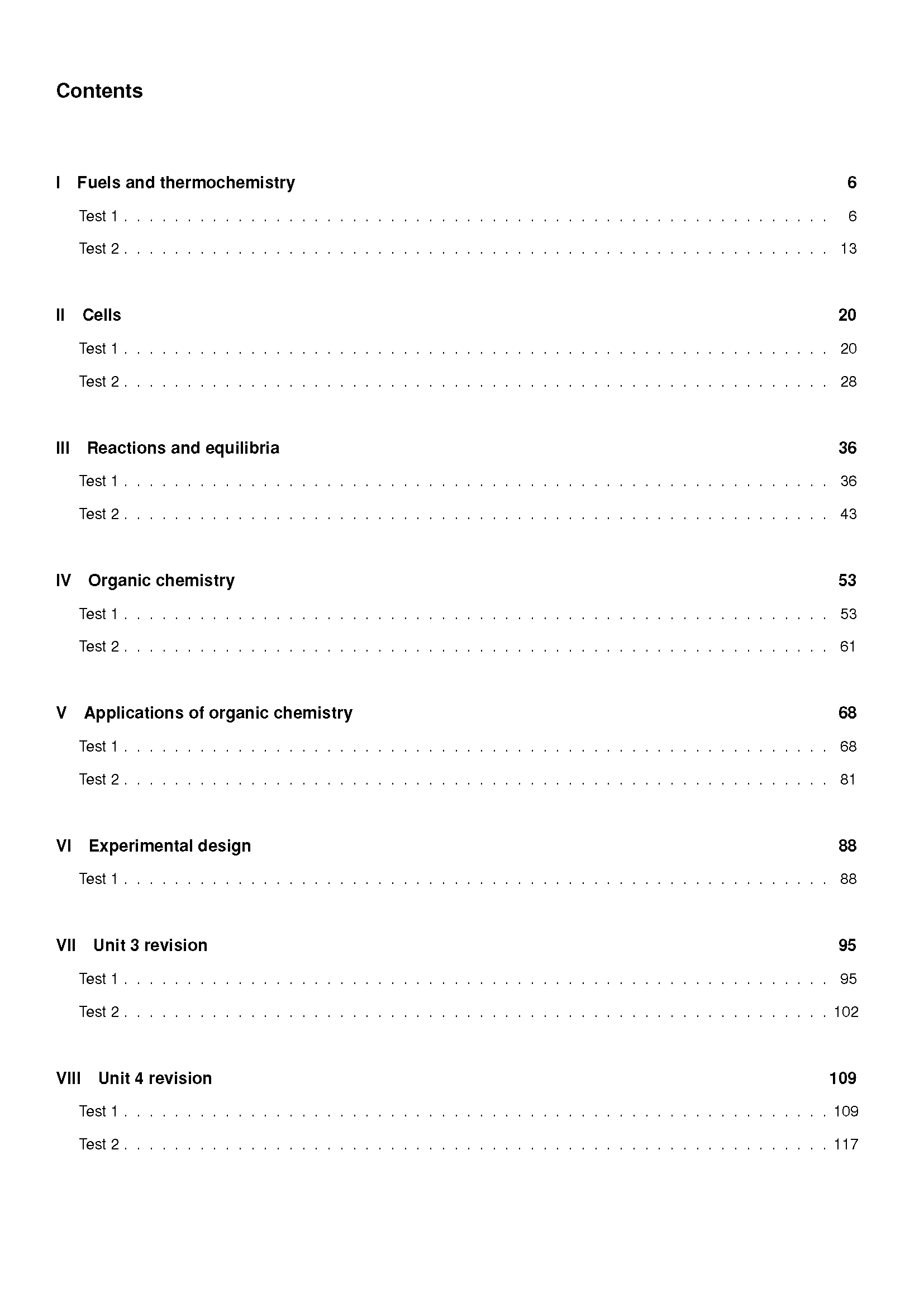 Table of contents for VCE Chemistry topic tests by ATAR Notes, showing sections and page numbers.
