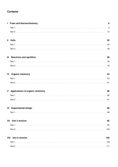 Table of contents for VCE Chemistry topic tests by ATAR Notes, showing sections and page numbers.