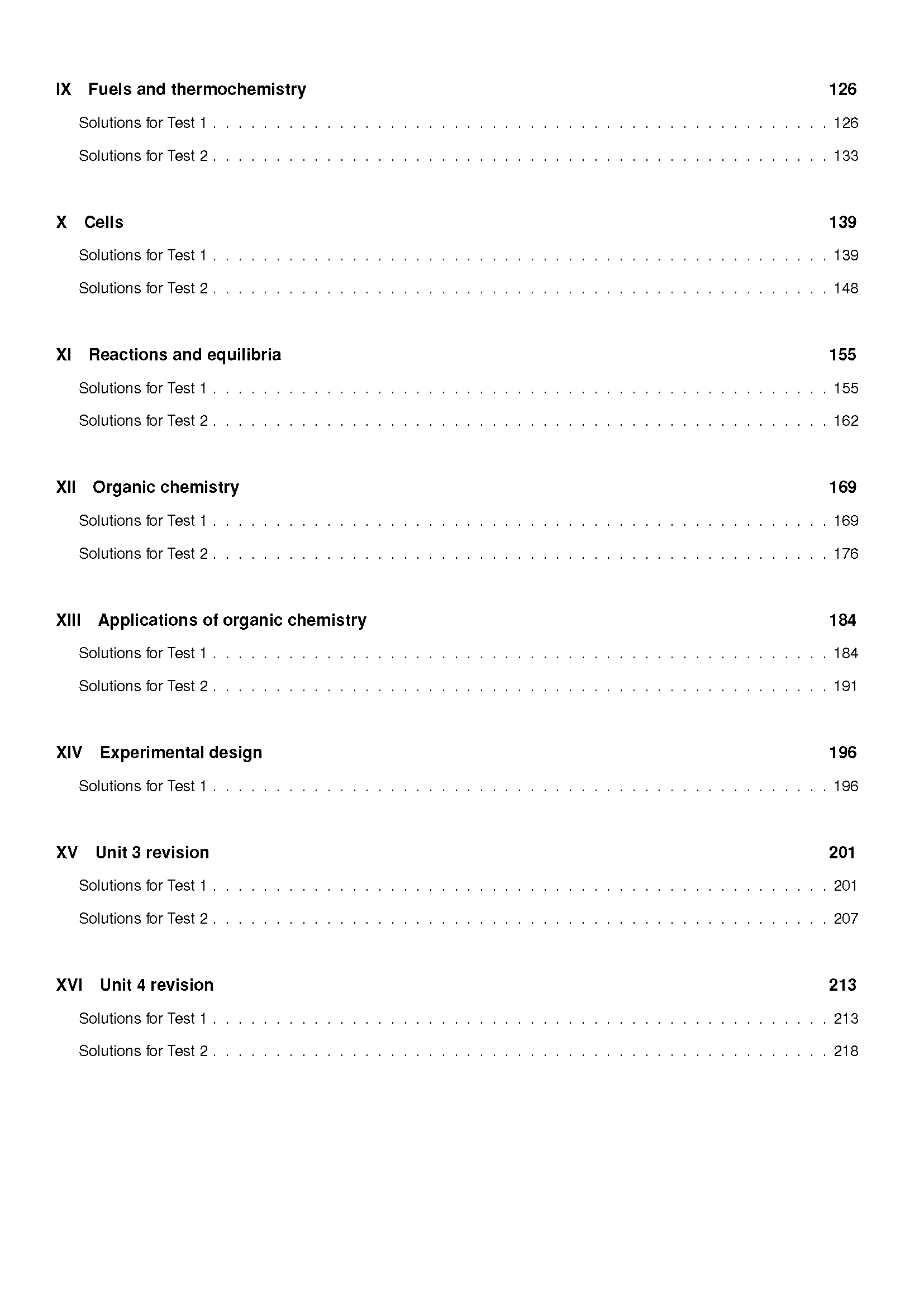 Chemistry Topic Tests book by ATAR Notes, showing a partial table of contents page with bold headings and page numbers.