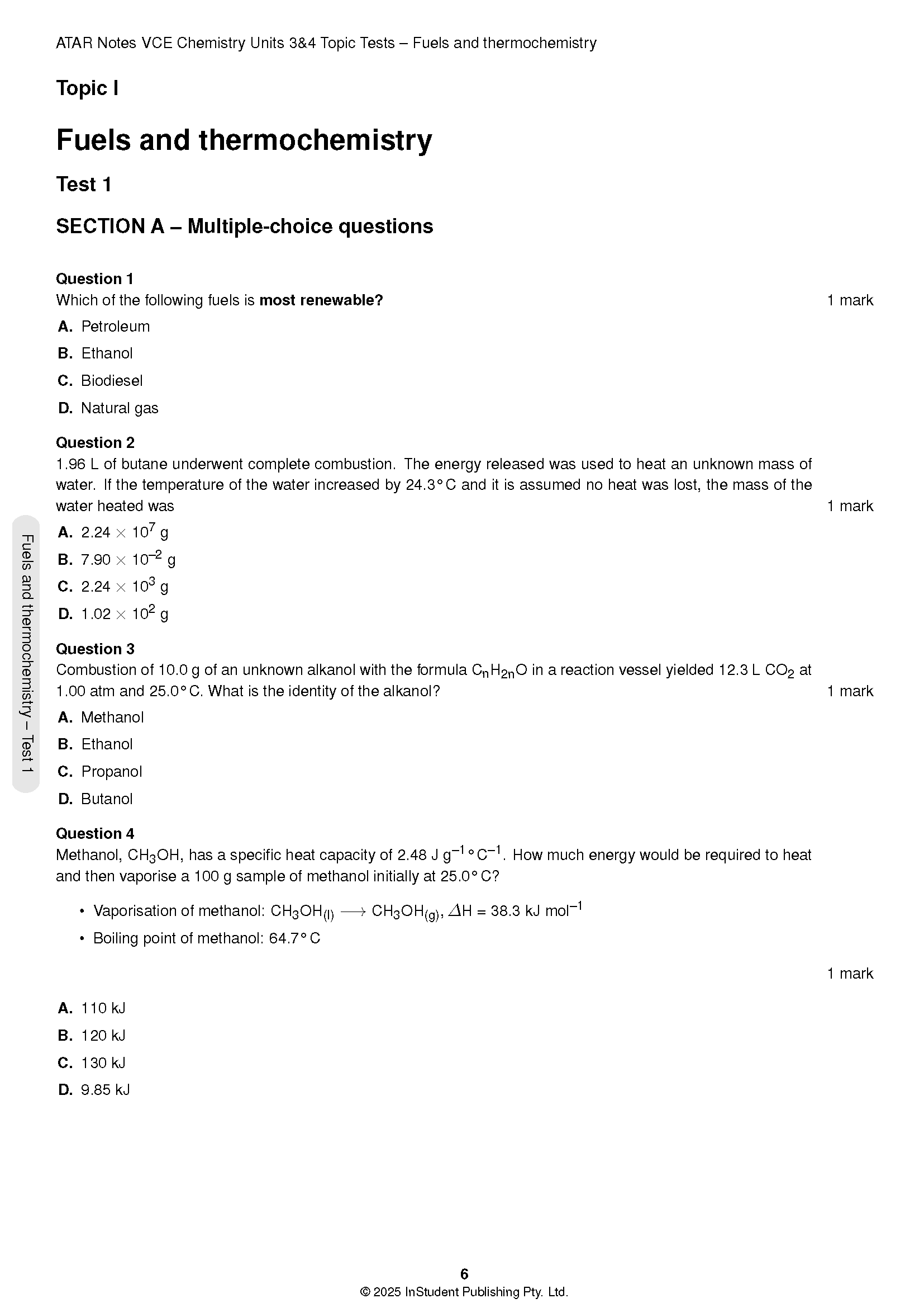 VCE Chemistry 3&4 Topic Tests from ATAR Notes, a white page displaying multiple-choice questions on fuels and thermochemistry.