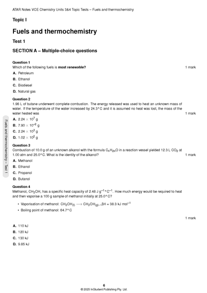 VCE Chemistry 3&4 Topic Tests from ATAR Notes, a white page displaying multiple-choice questions on fuels and thermochemistry.
