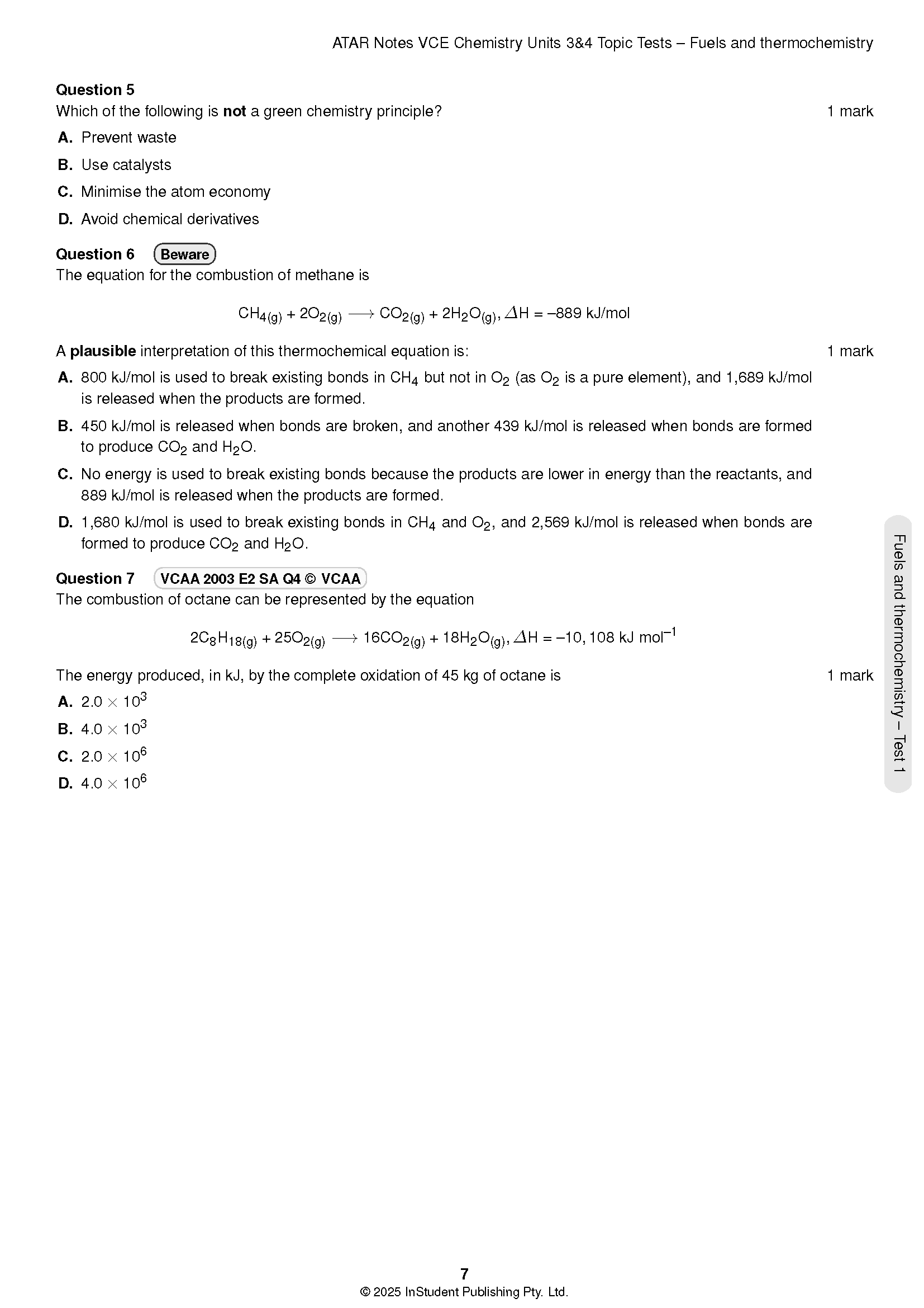 Chemistry topic tests page by ATAR Notes, showing questions on fuels and thermochemistry.