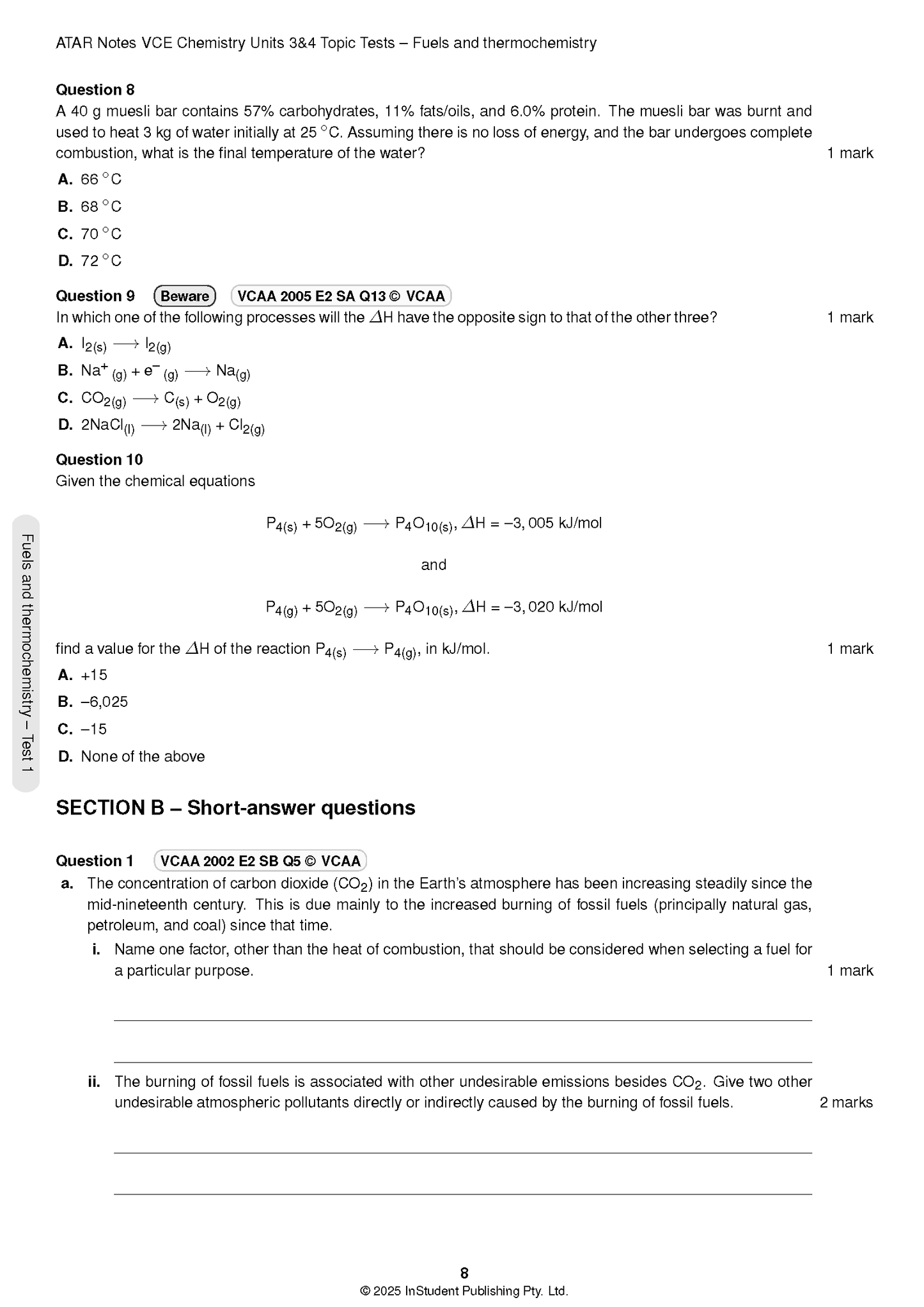 VCE Chemistry 3&4 Topic Tests (2025-2027) by ATAR Notes, a cropped white page displaying exam questions.