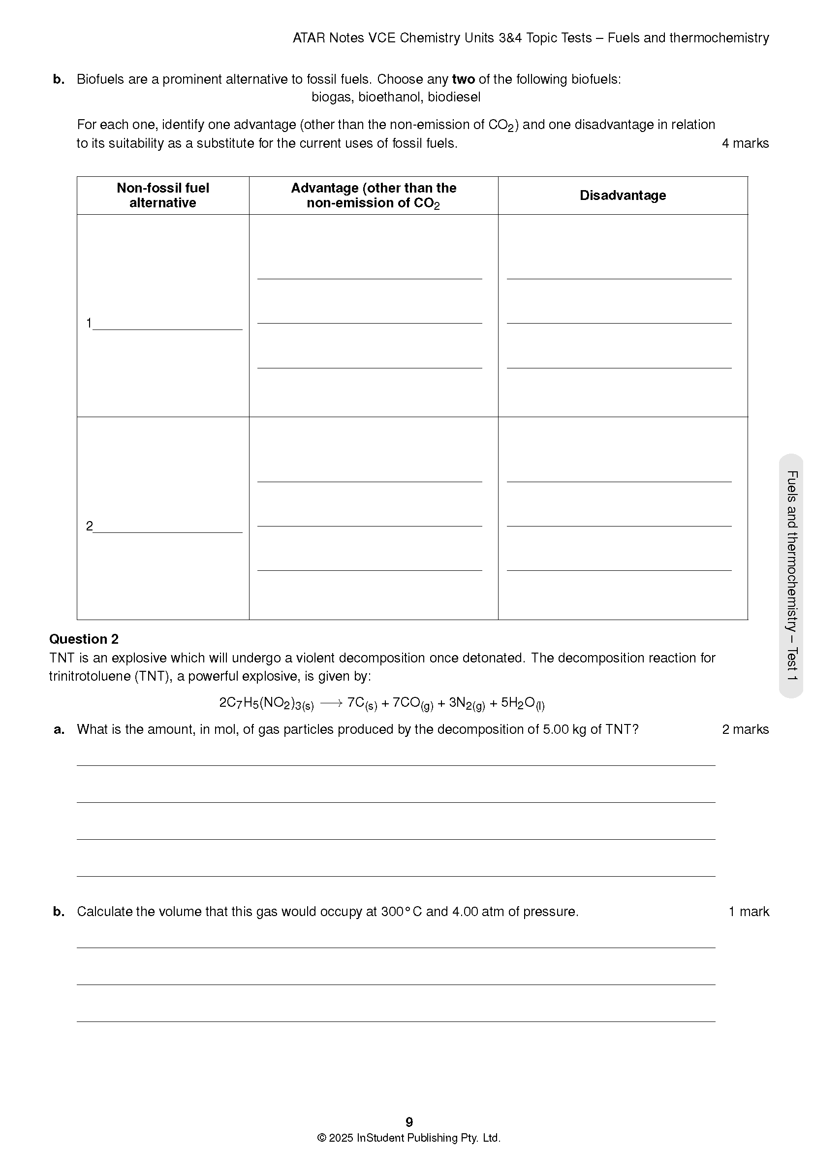 Chemistry Topic Tests by ATAR Notes with questions on biofuels and TNT decomposition, showing blank answer lines on a white page.