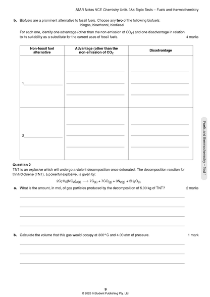 Chemistry Topic Tests by ATAR Notes with questions on biofuels and TNT decomposition, showing blank answer lines on a white page.