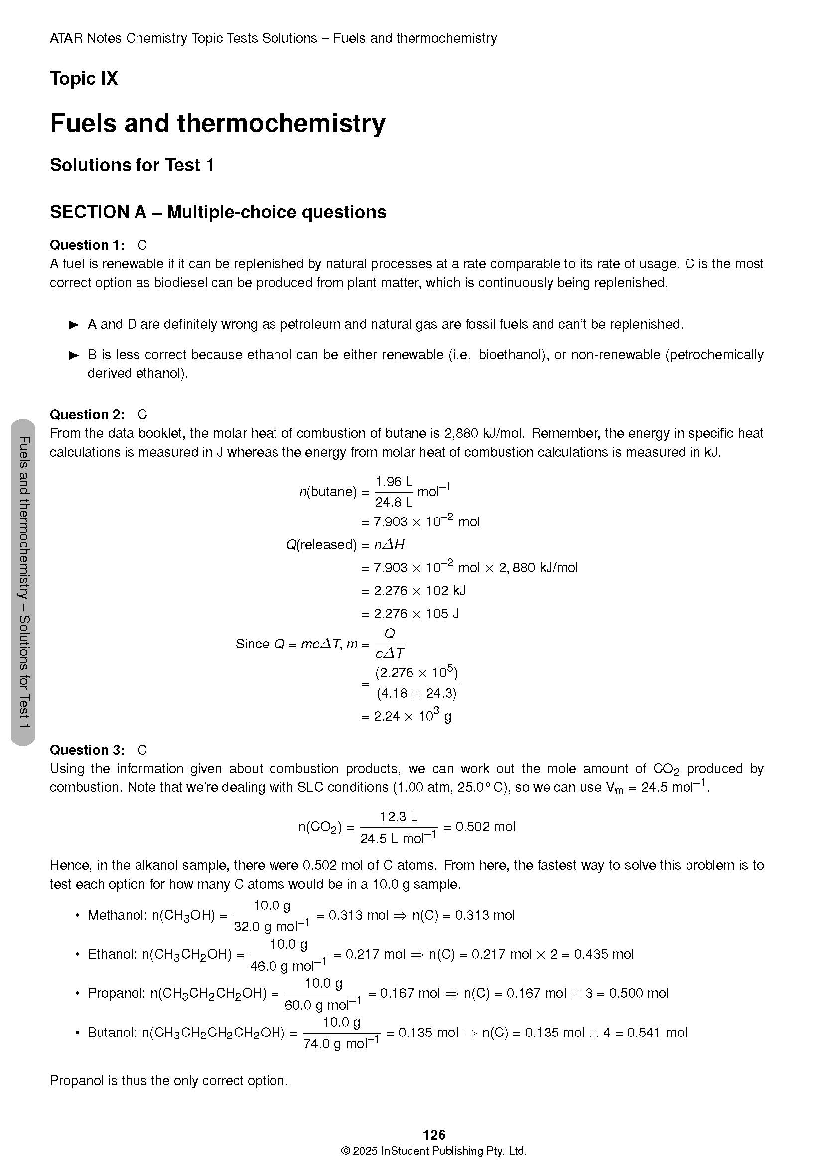 VCE Chemistry 3&4 Topic Tests by ATAR Notes, a page displaying solutions for Test 1 'Fuels and thermochemistry' with formulas and calculations.